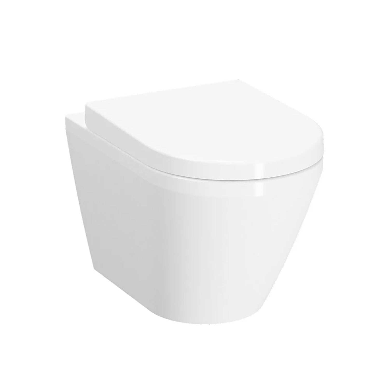 Vesta wall hung toilet in a white finish, 520mm with seat and cover included on a white background.