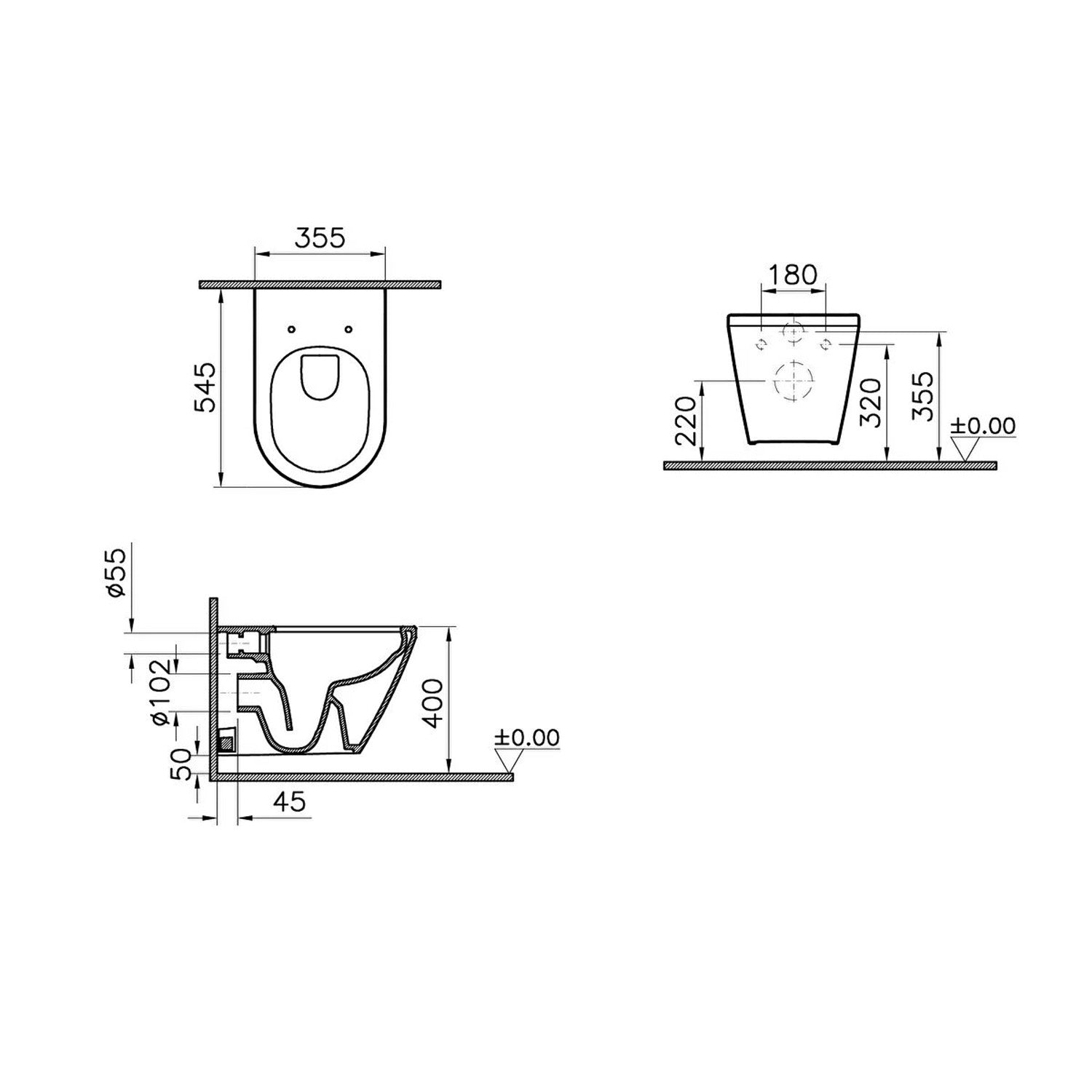 Vesta wall hung toilet in a white finish, 520mm with seat and cover included dimensional drawing.