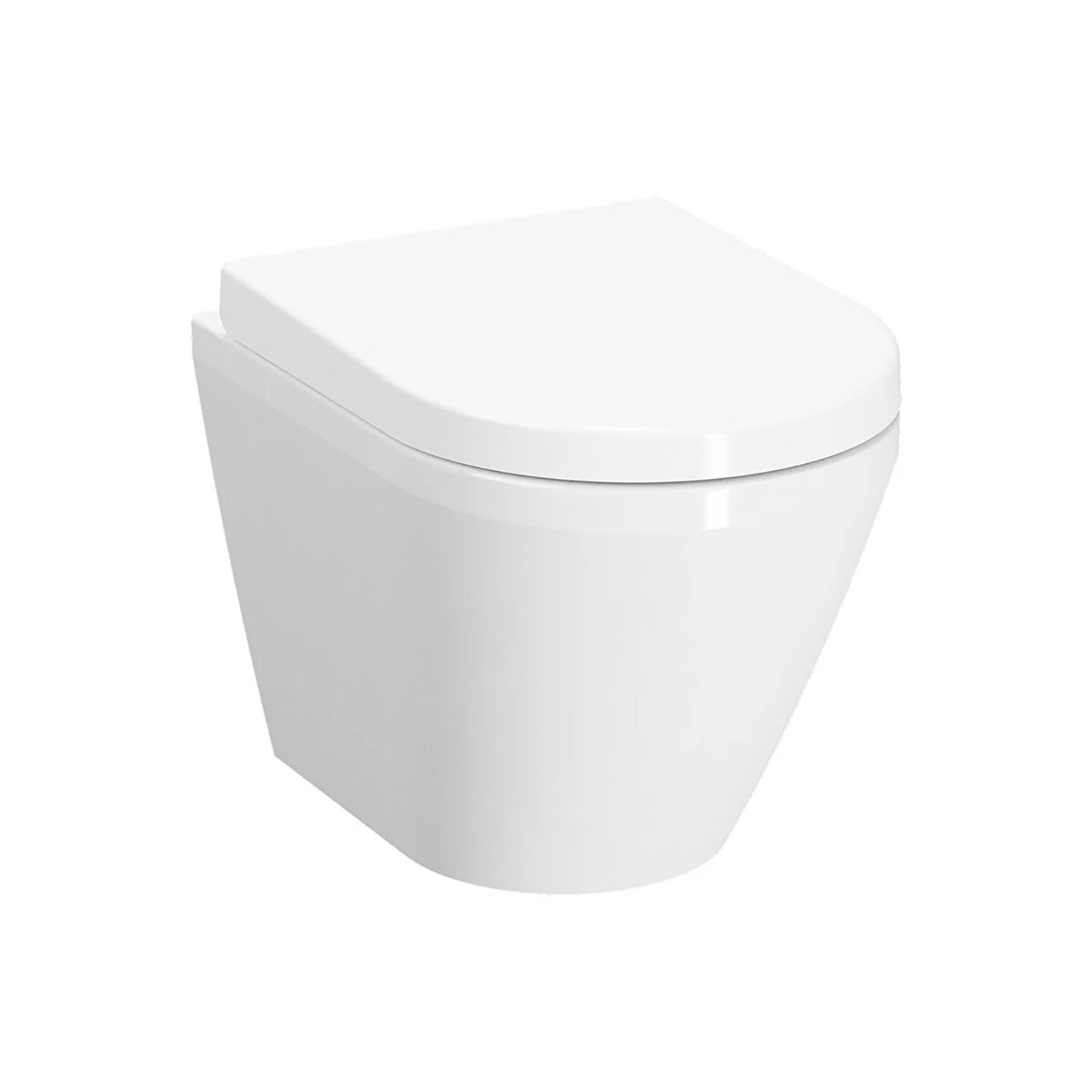 Vesta short projection wall hung toilet in a white finish, 500mm with seat and cover included on a white background.