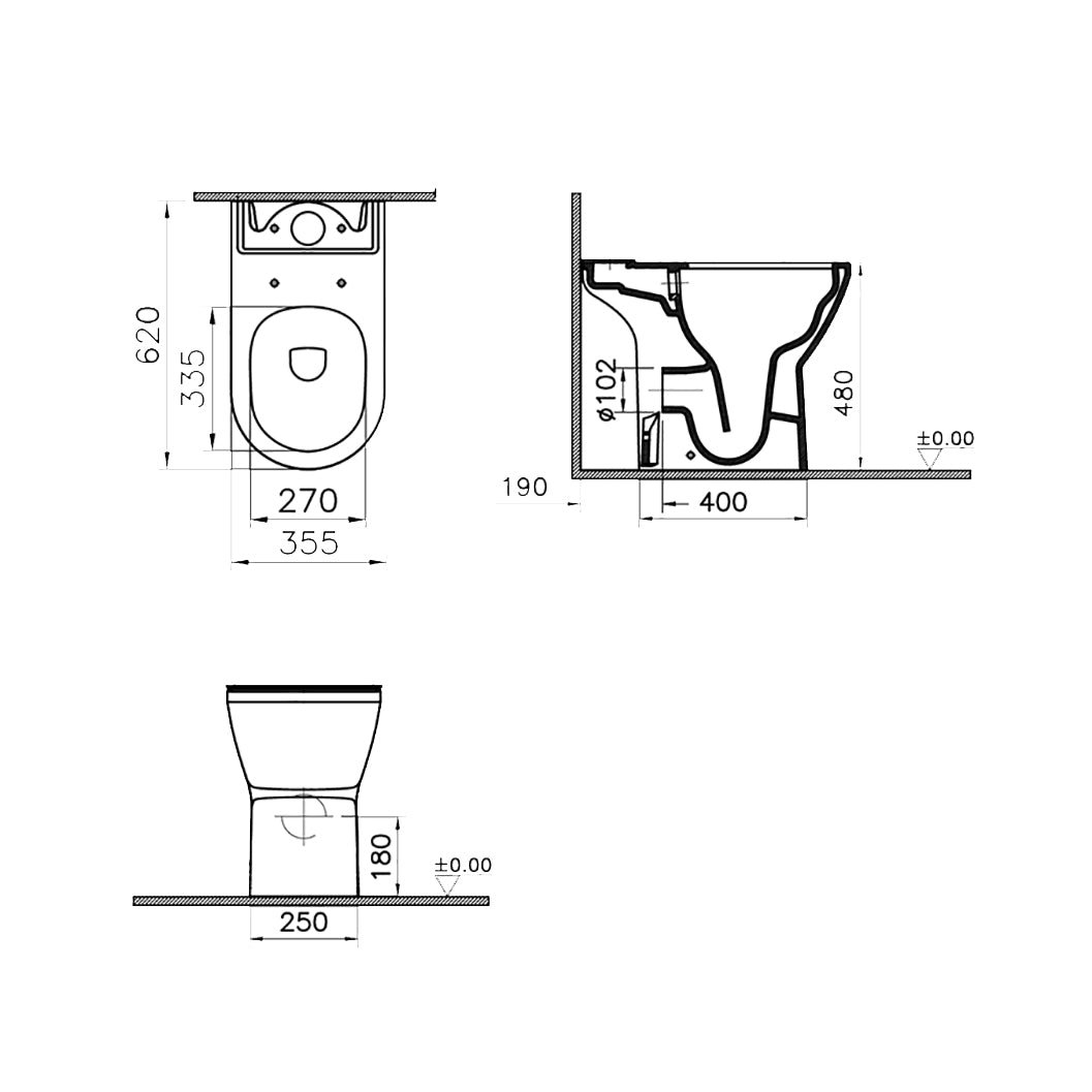 Vesta comfort height close coupled toilet in a white finish, 500mm with seat included dimensional drawing.