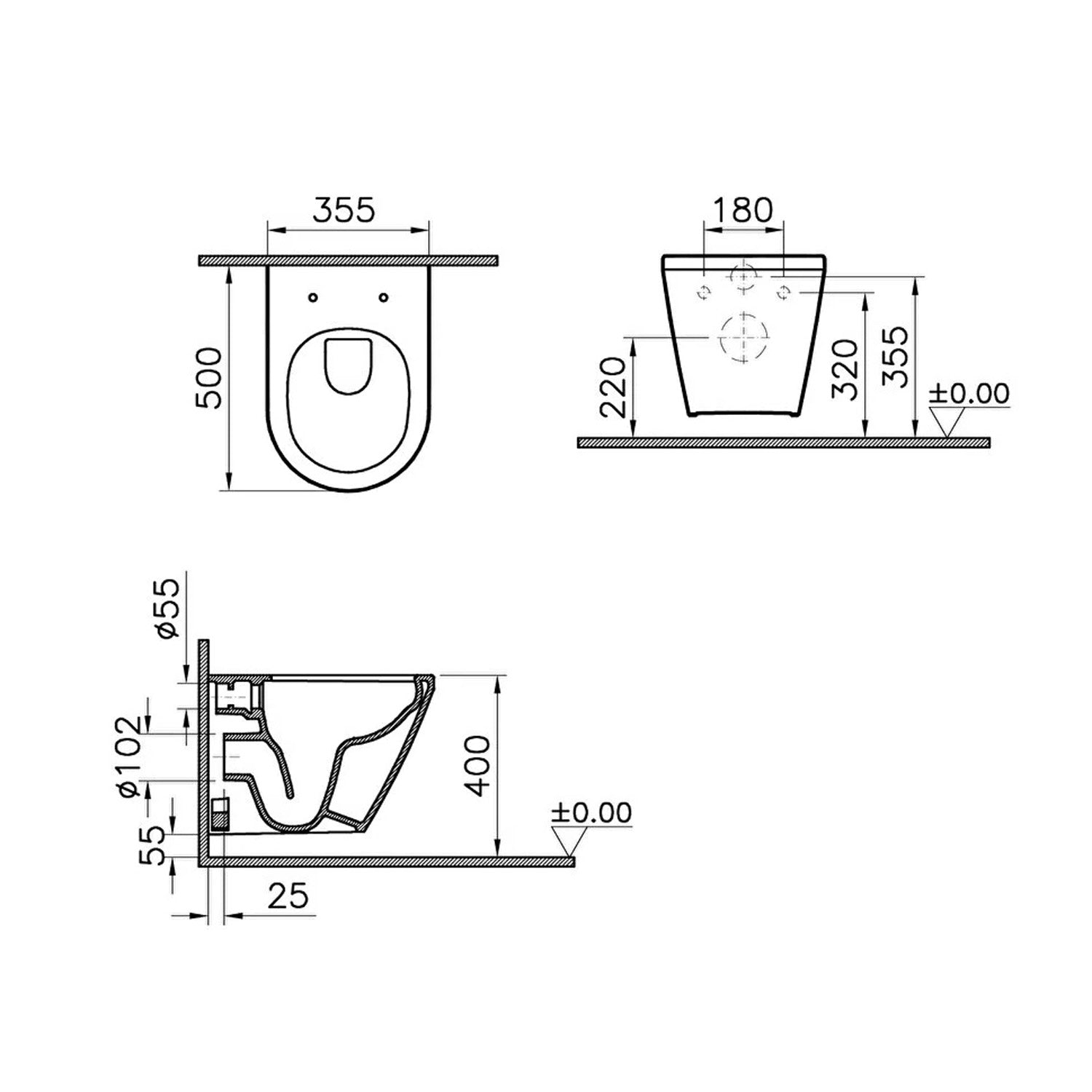 Vesta short projection wall hung toilet in a white finish, 500mm with seat and cover not included dimensional drawing.