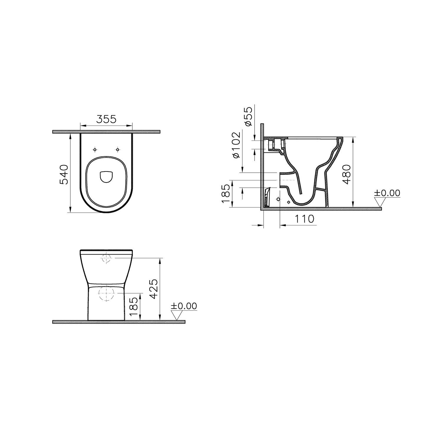 Vesta comfort height back to wall toilet in a white finish, 480mm with seat and cover not included dimensional drawing.