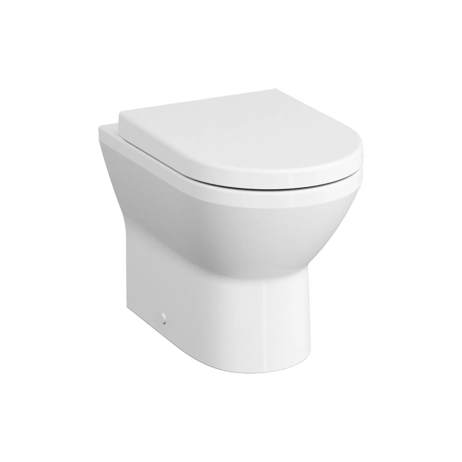 Vesta back to wall toilet in a white finish, 400mm with seat and cover included on a white background.