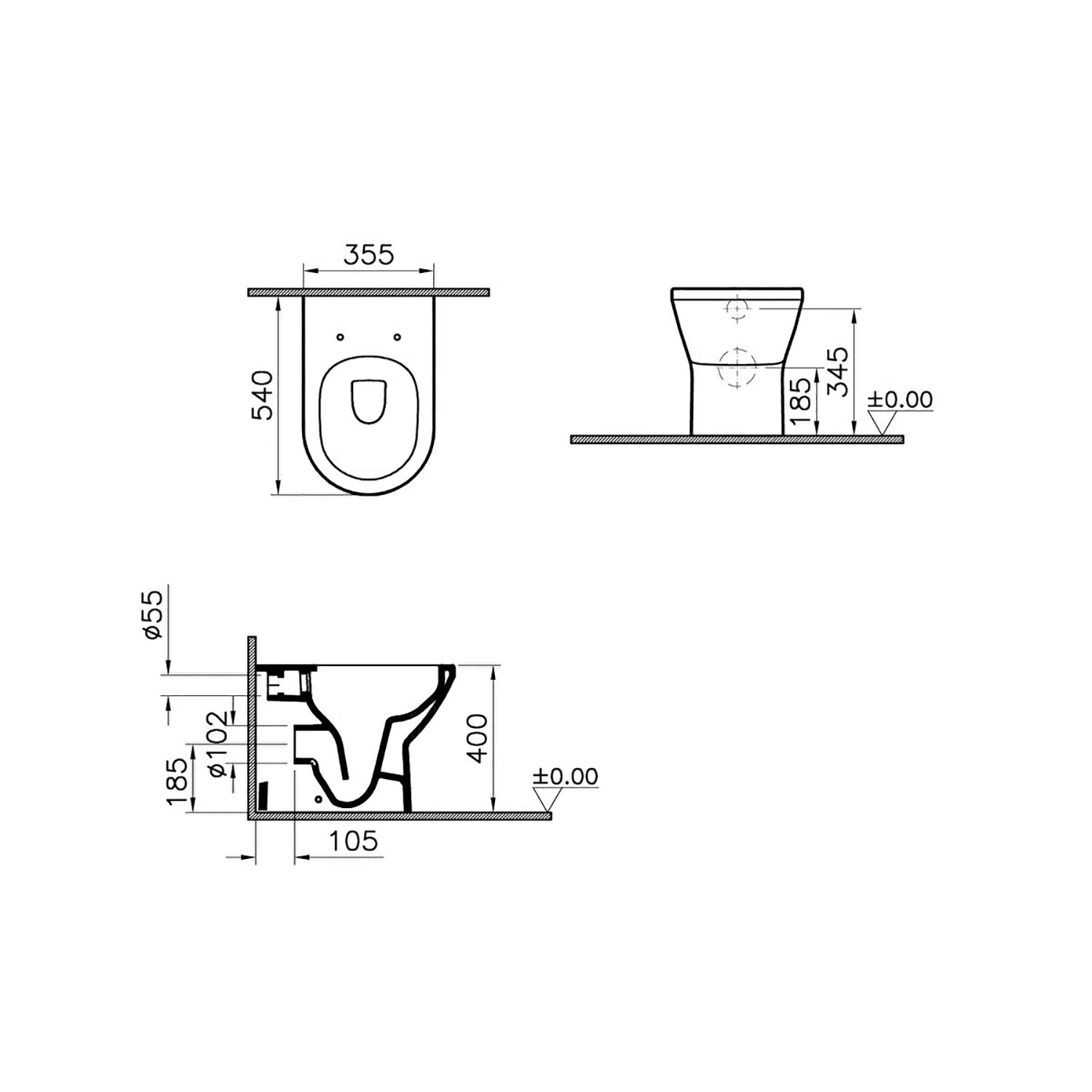 Vesta back to wall toilet in a white finish, 400mm with seat and cover included dimensional drawing.