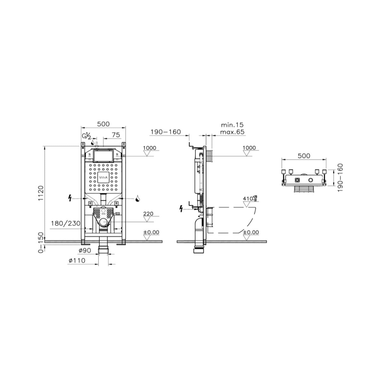 V Full height 1120mm toilet frame and concealed cistern with a dual flush, suitable for Sirius flush plates dimensional drawing.