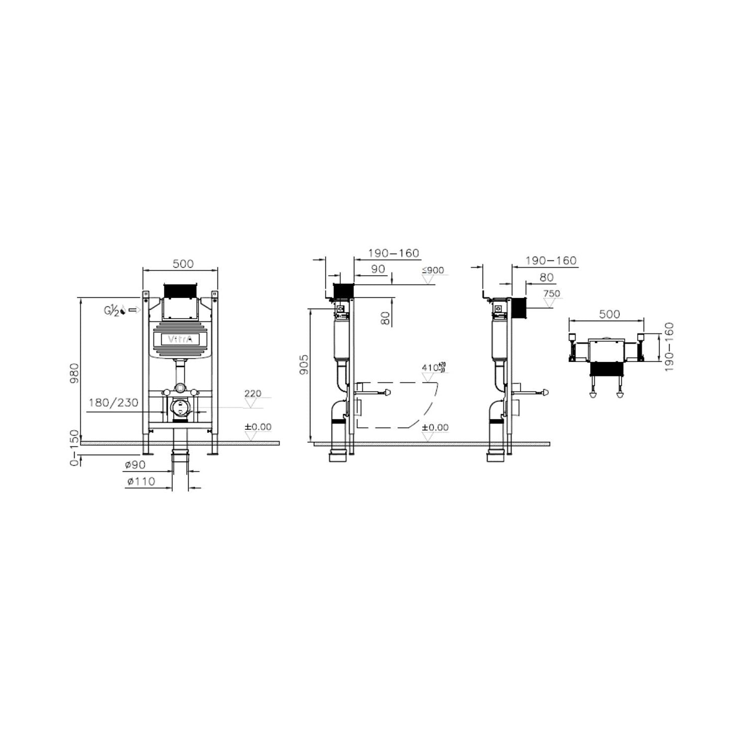 V Reduced height 820mm toilet frame and concealed cistern with a dual flush, suitable for Sirius flush plates dimensional drawing.