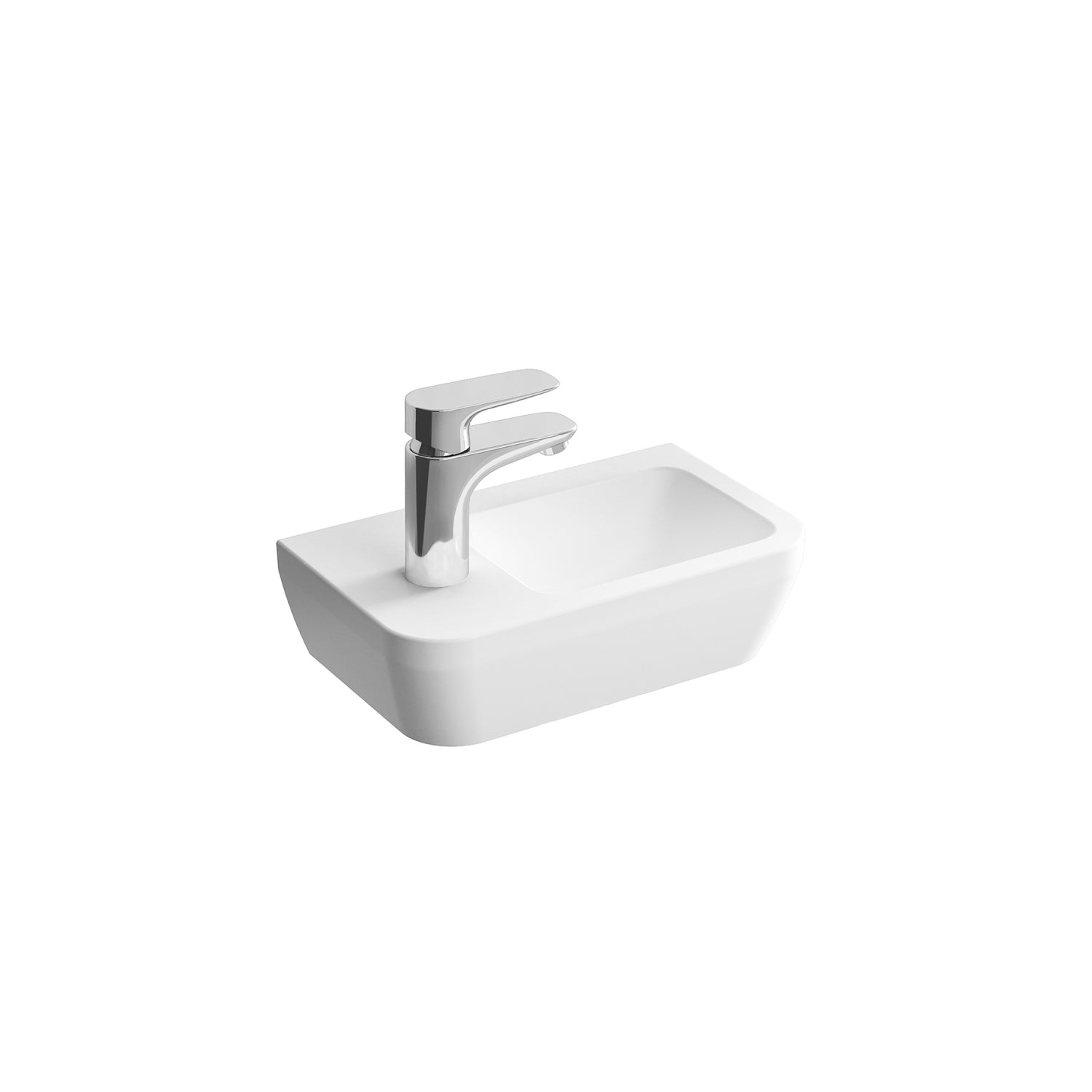 Left handed Consilio Handrinse Cloakroom Basin with one tap hole and an overflow on a white background