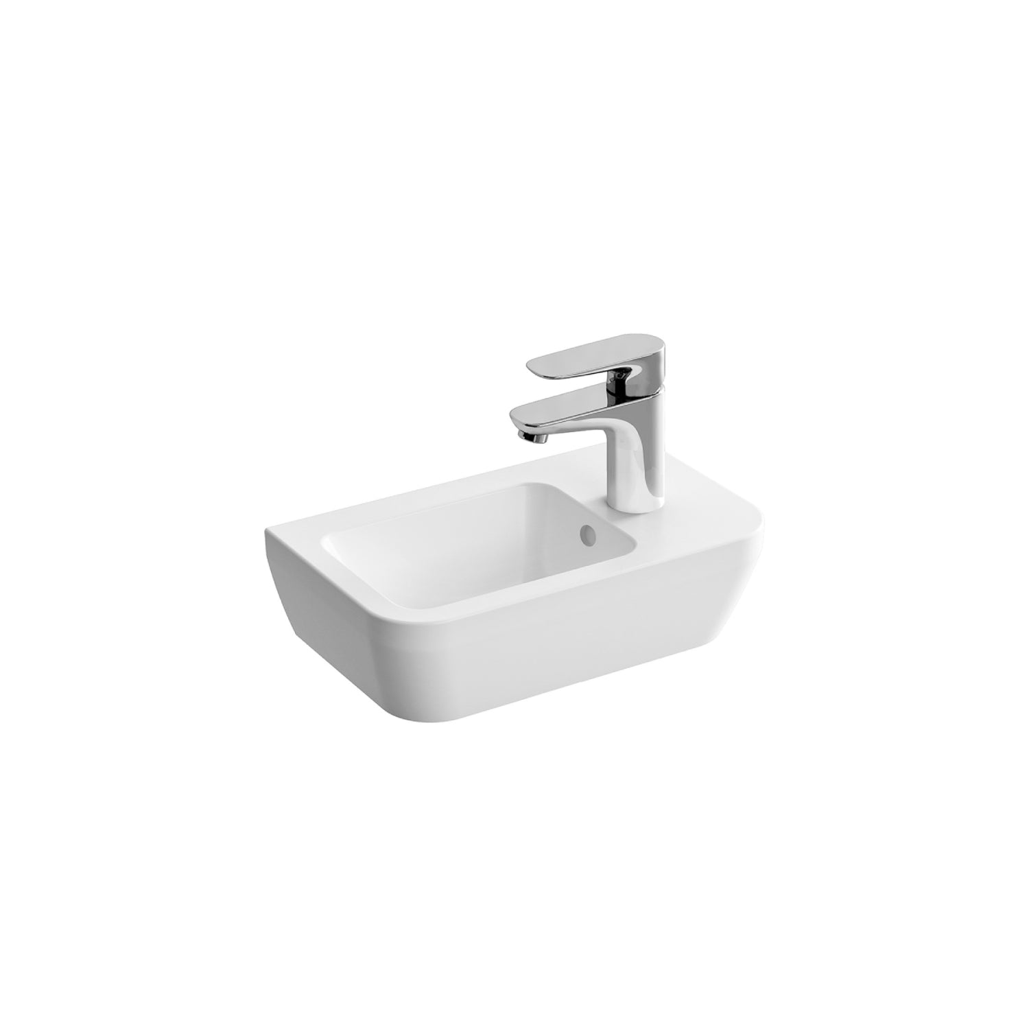 Right handed Consilio Handrinse Cloakroom Basin with one tap hole and an overflow on a white background