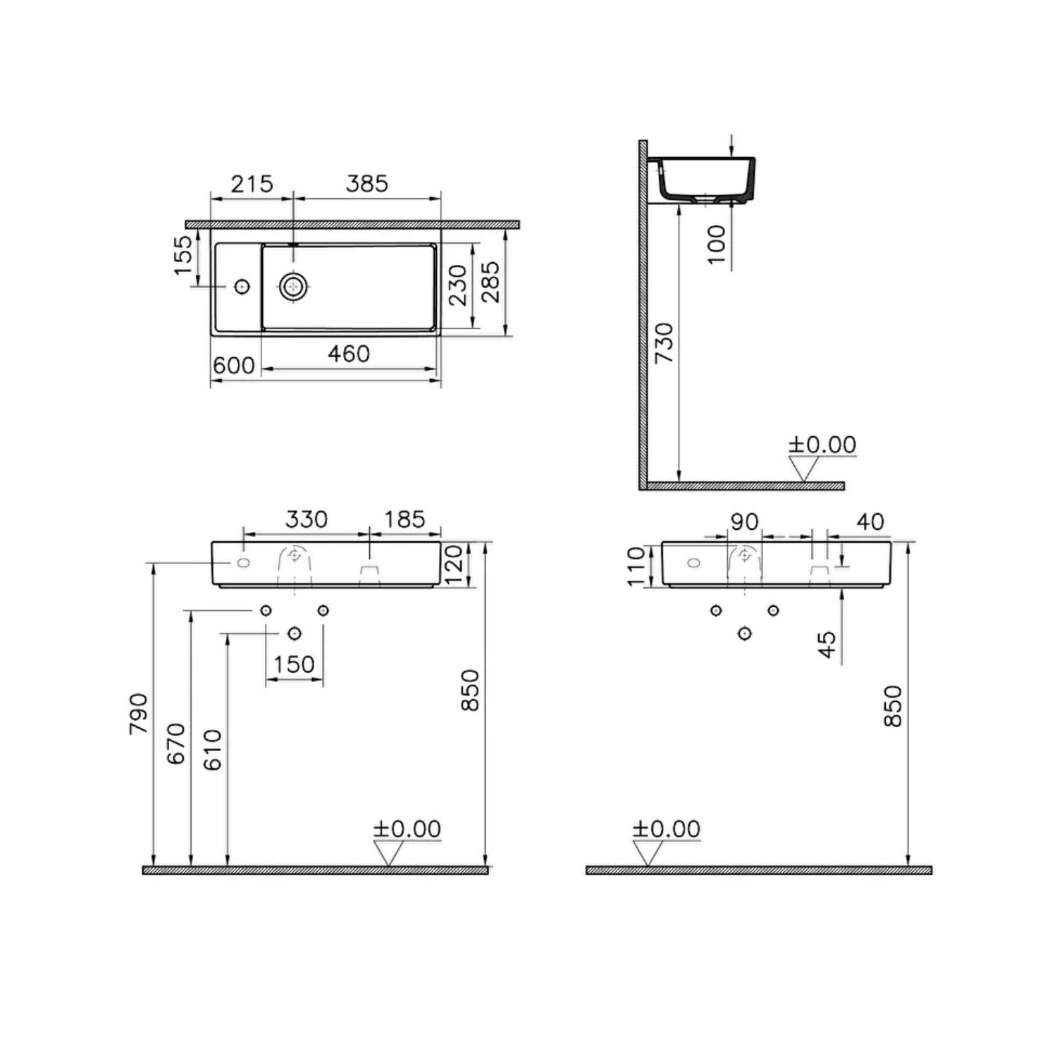 Vesta handrinse basin in a white finish dimensional drawing.