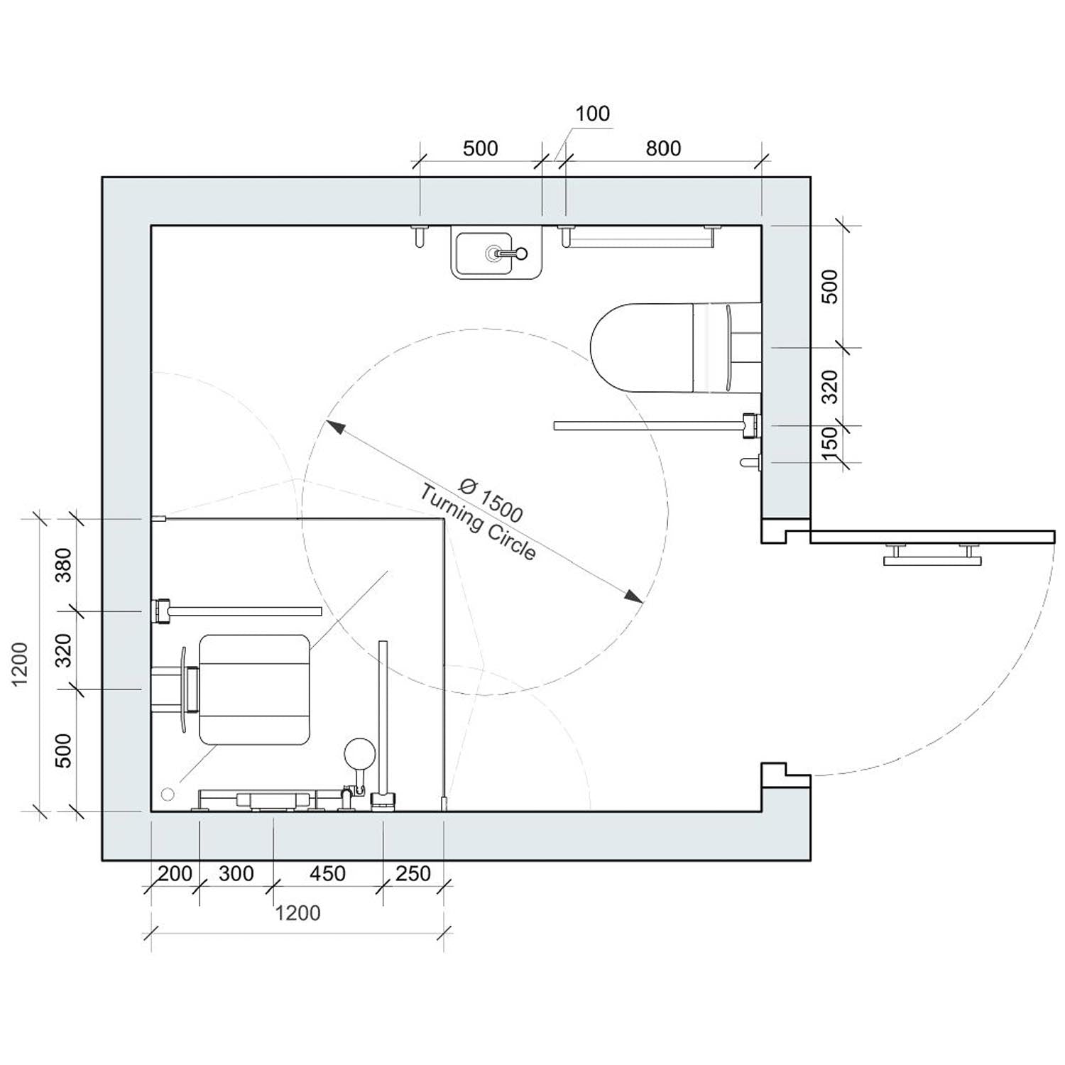 Doc M WC/Shower pack consisting of a wall hung toilet, basin, emergency call buttons, chrome grab rails, taps, robe hooks technical drawing