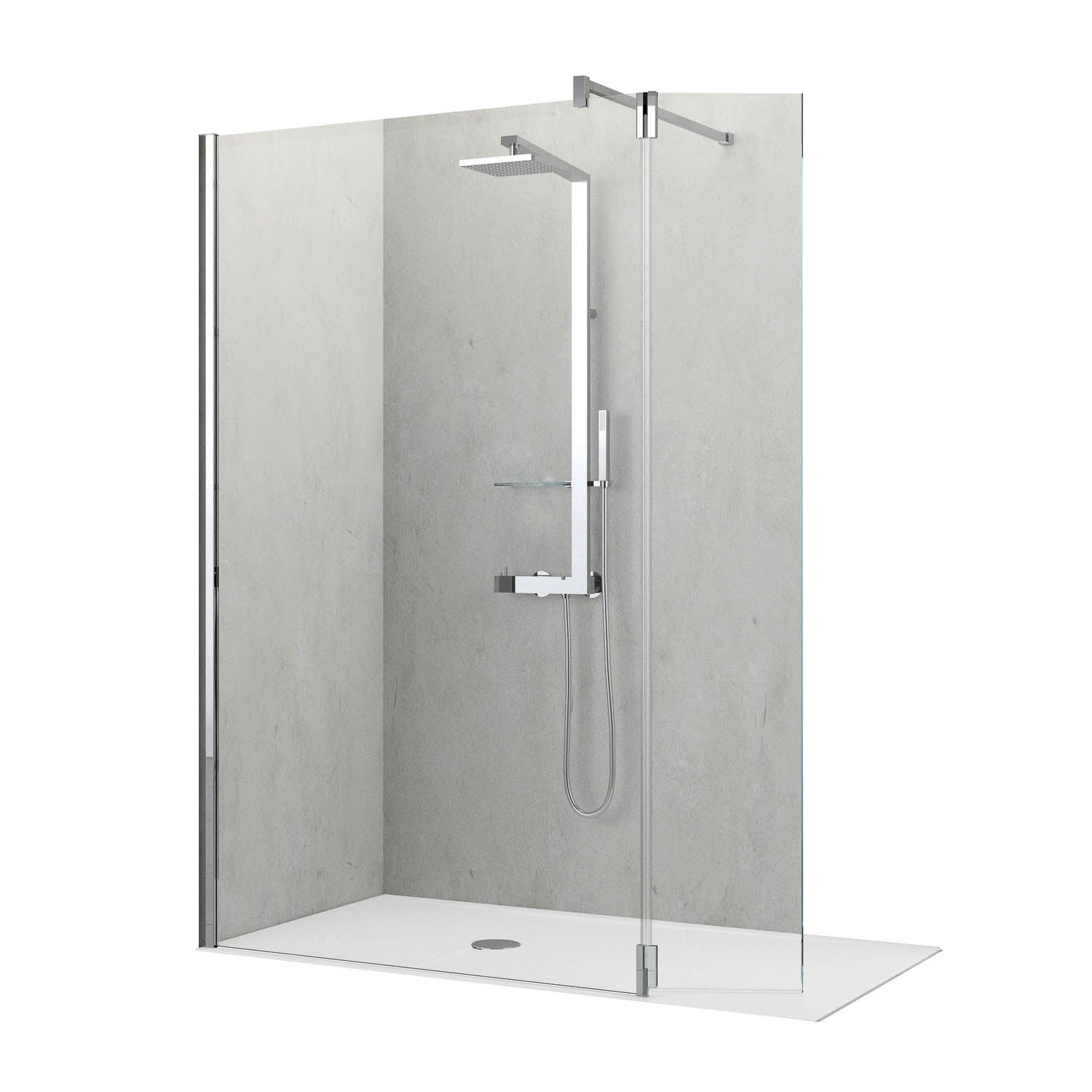 1170-1200mm Ergo Wet Room Screen Clear Glass with a chrome finish on a white background