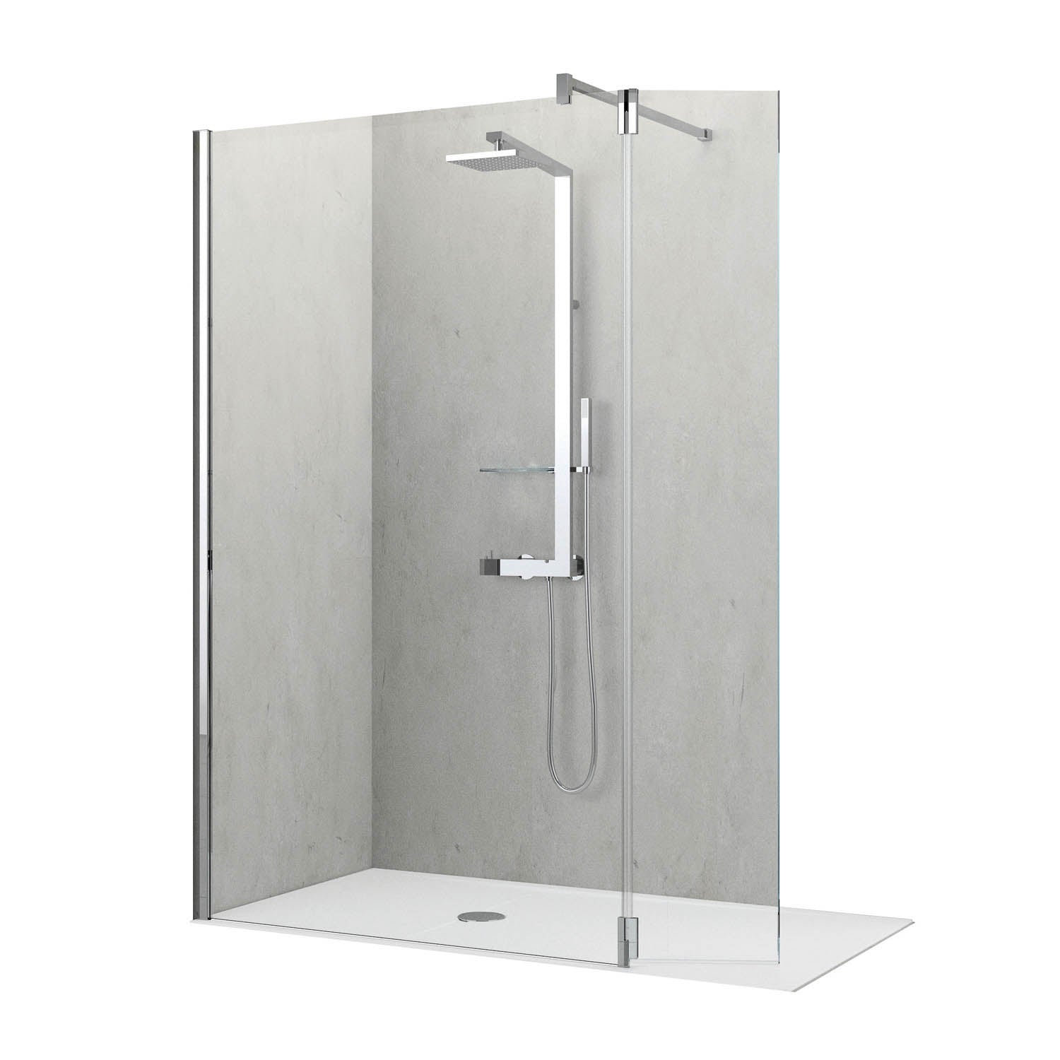 770-800mm Ergo Wet Room Screen Clear Glass with a chrome finish on a white background