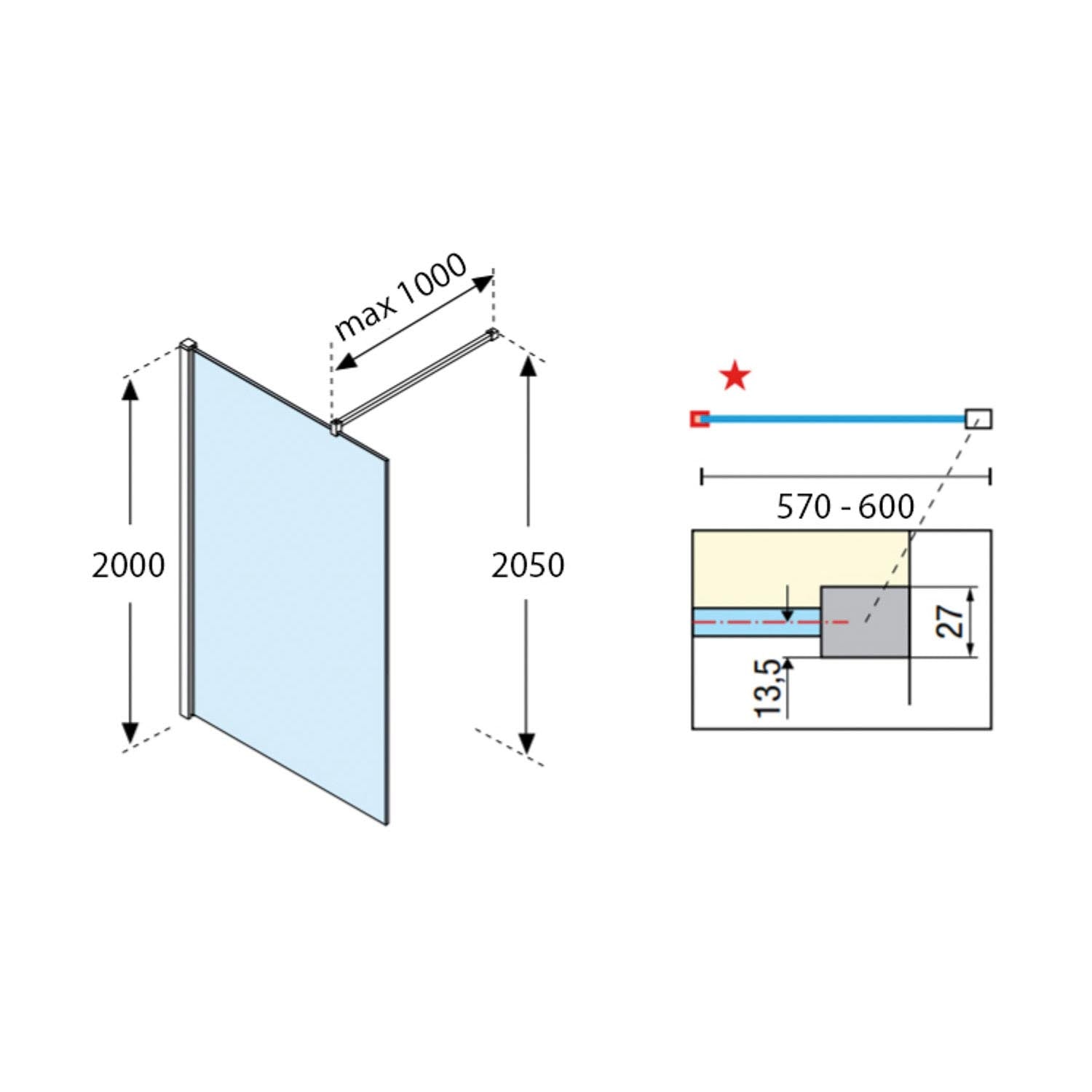 570-600mm Ergo Wet Room Screen Clear Glass with a chrome finish dimensional drawing