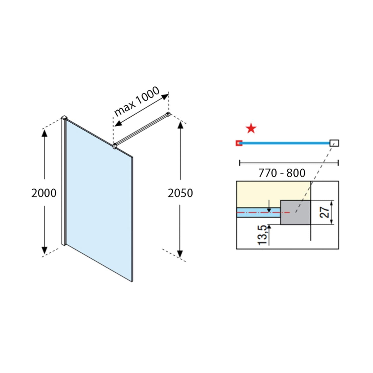 770-800mm Ergo Wet Room Screen Satin Band Glass with a matt black finish dimensional drawing