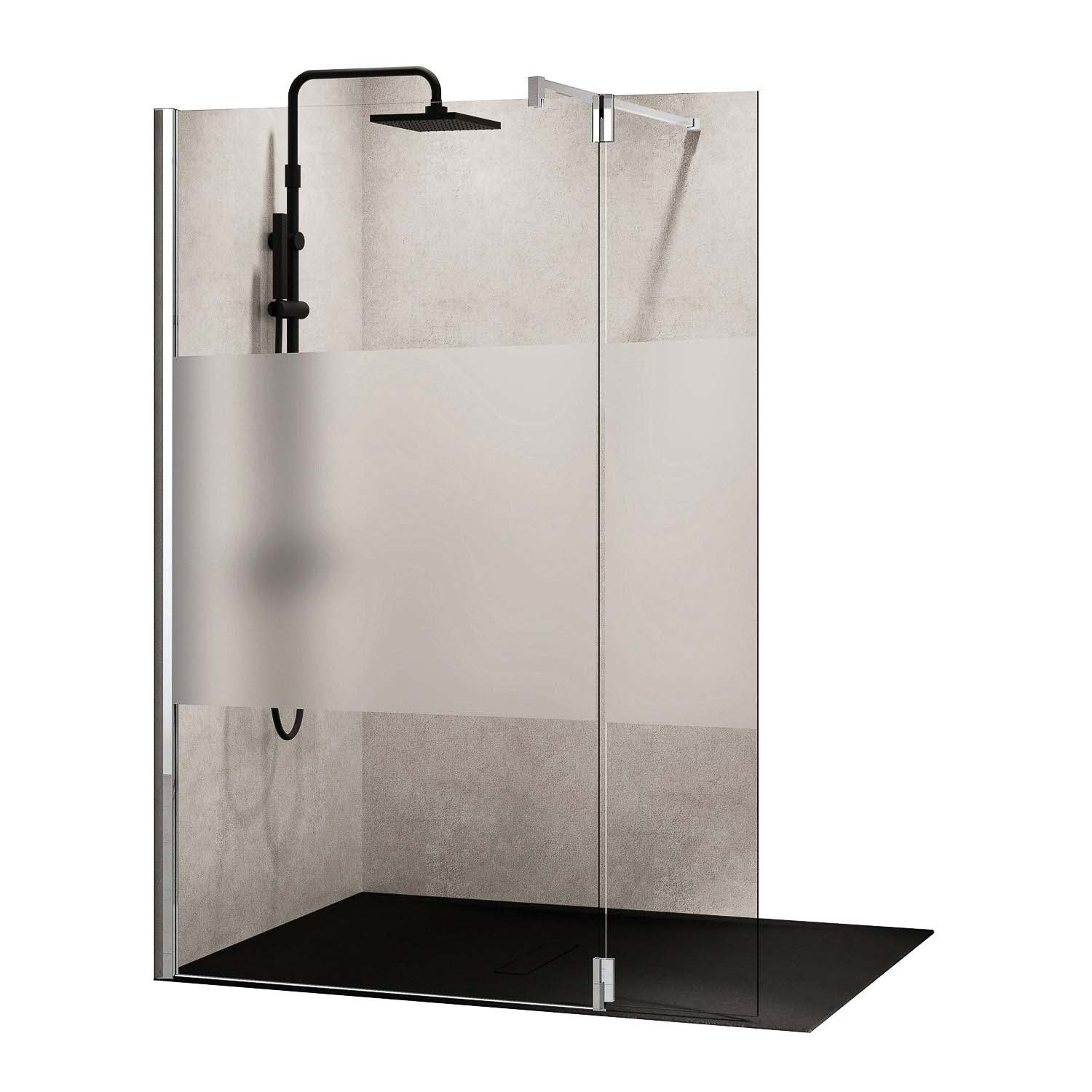 970-1000mm Ergo Wet Room Screen Satin Band Glass with a chrome finish on a white background