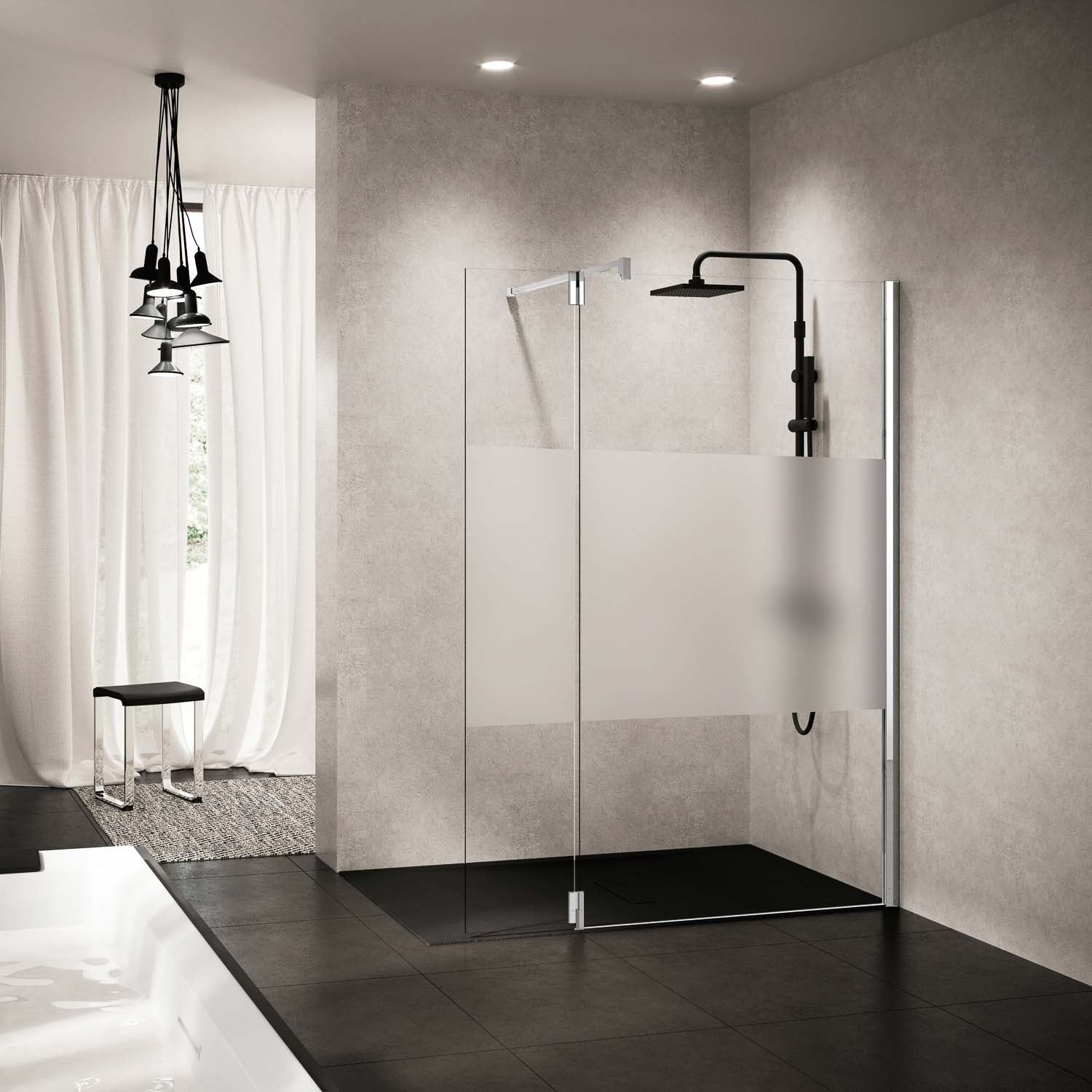 1170-1200mm Ergo Wet Room Screen Satin Band Glass with a chrome finish lifestyle image