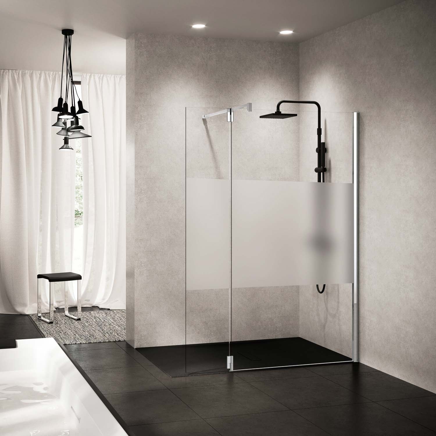 770-800mm Ergo Wet Room Screen Satin Band Glass with a chrome finish lifestyle image