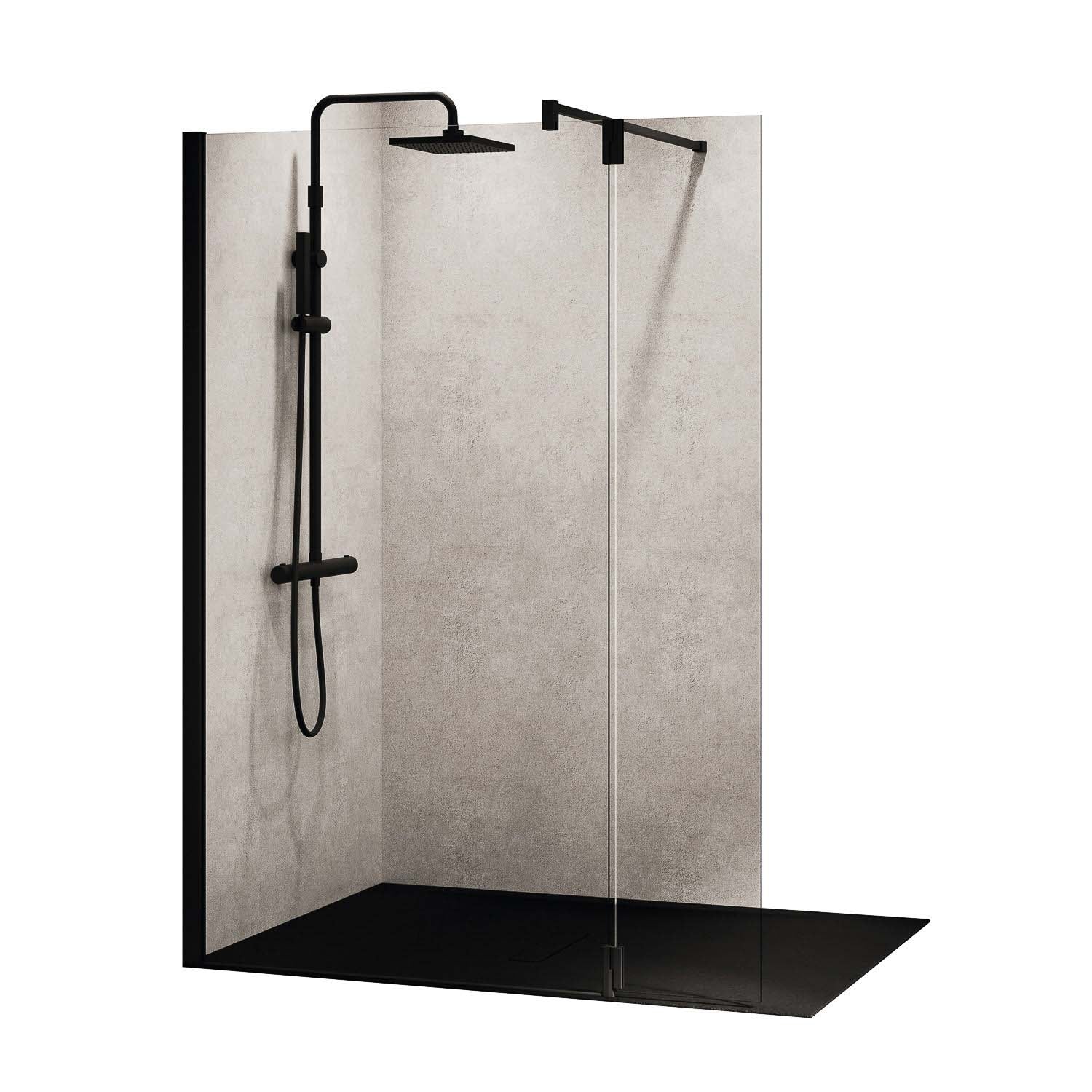 720-750mm Ergo Wet Room Screen Clear Glass with a matt black finish on a white background