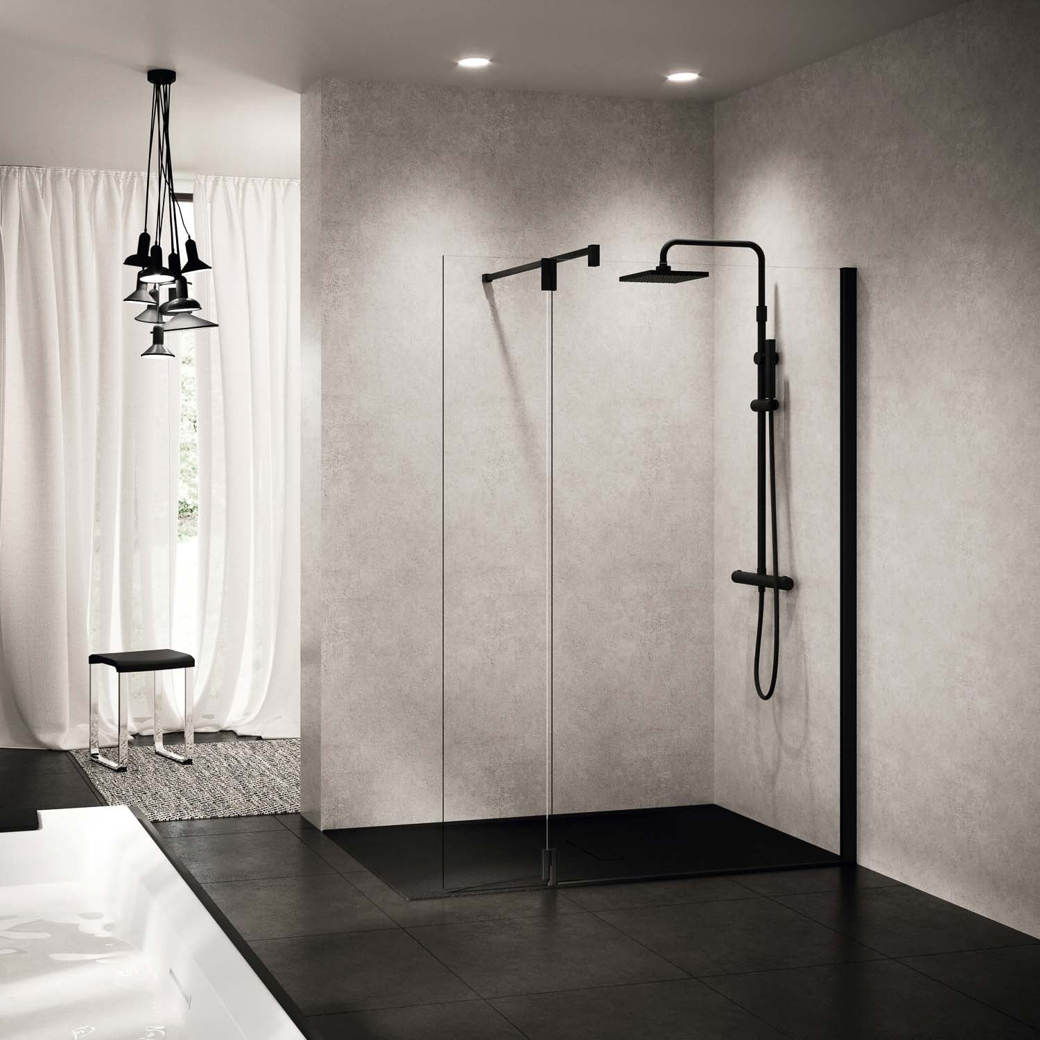 370mm Ergo Wet Room Deflector Panel Clear Glass with a matt black finish lifestyle image