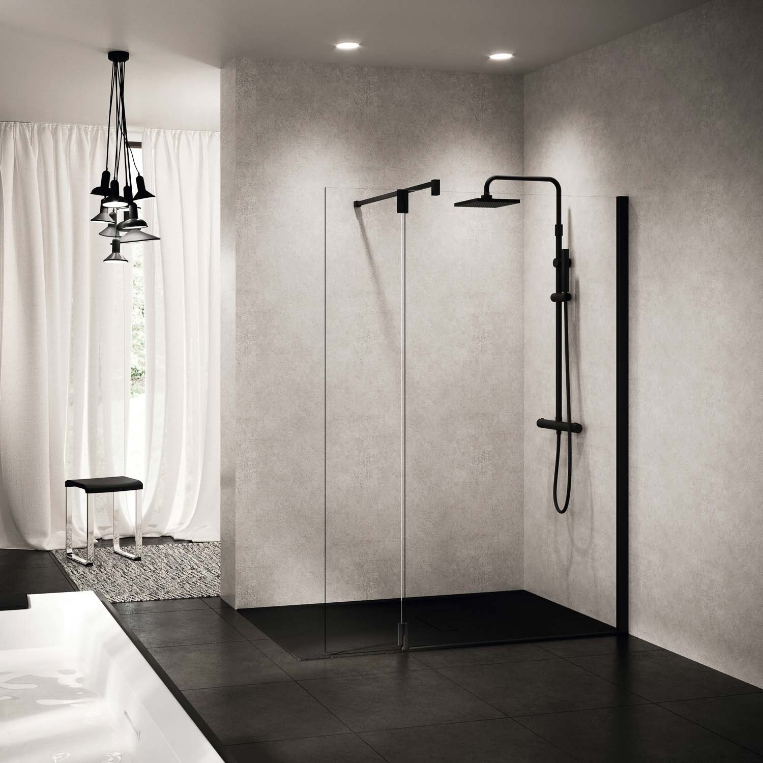 870-900mm Ergo Wet Room Screen Clear Glass with a matt black finish lifestyle image