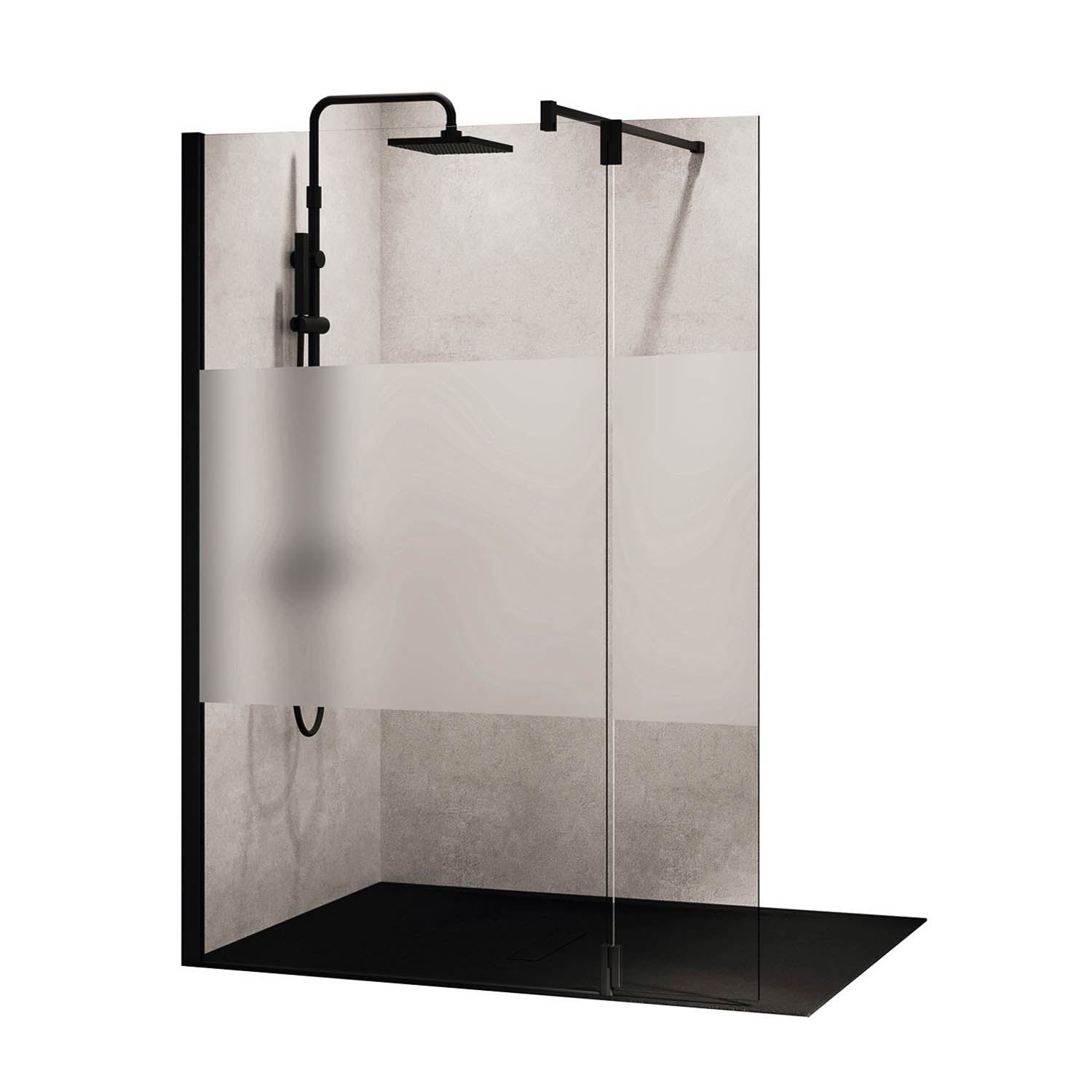 970-1000mm Ergo Wet Room Screen Satin Band Glass with a matt black finish on a white background