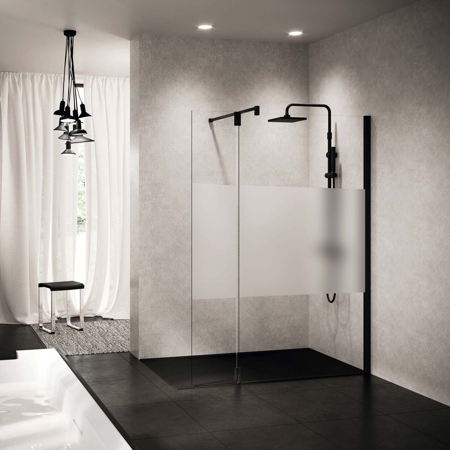 670-700mm Ergo Wet Room Screen Satin Band Glass with a matt black finish lifestyle image