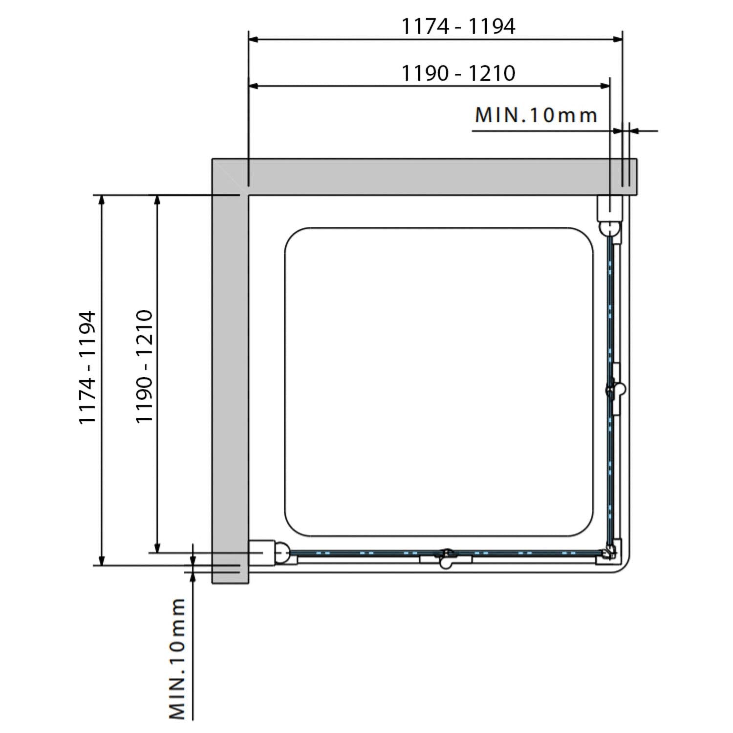 1200mm Verve Bi-folding Screen Clear Glass with a matt black finish dimensional drawing