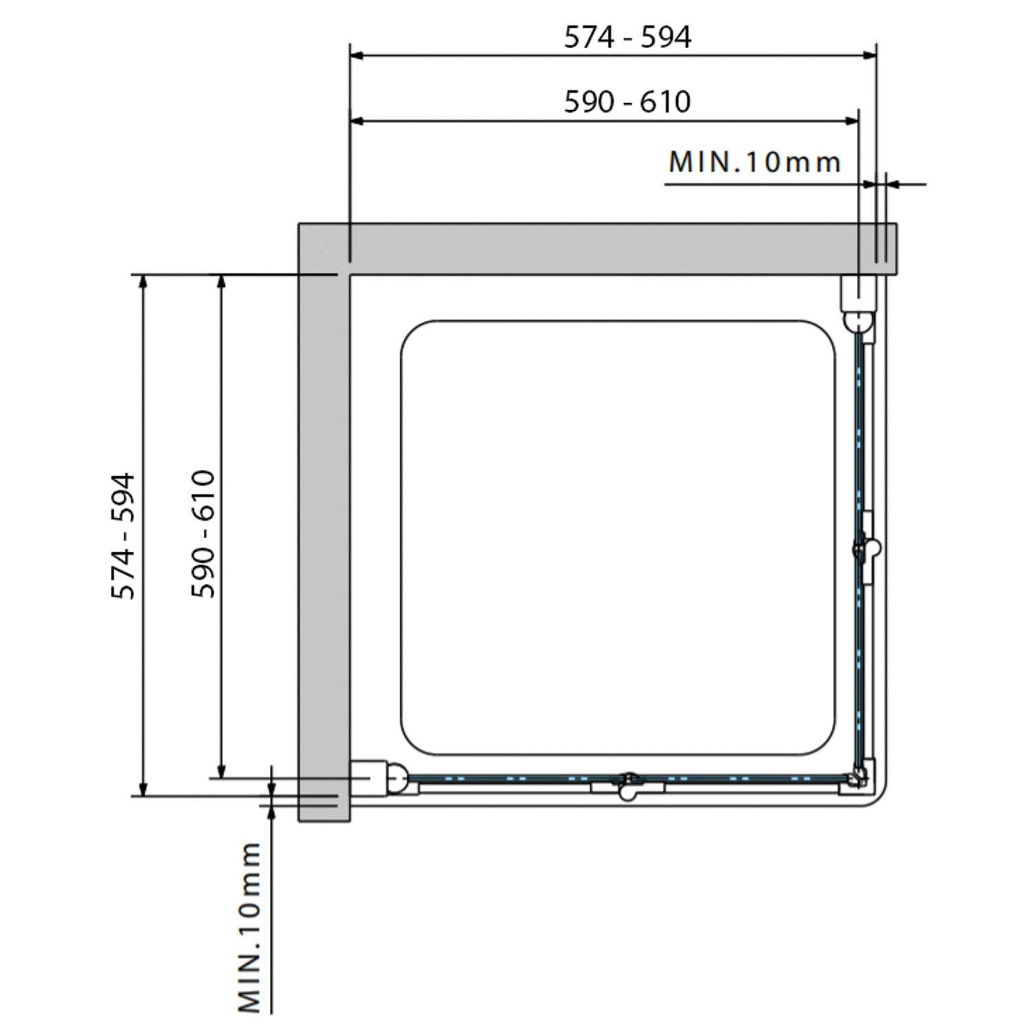 600mm Verve Bi-folding Screen Clear Glass with a matt black finish dimensional drawing