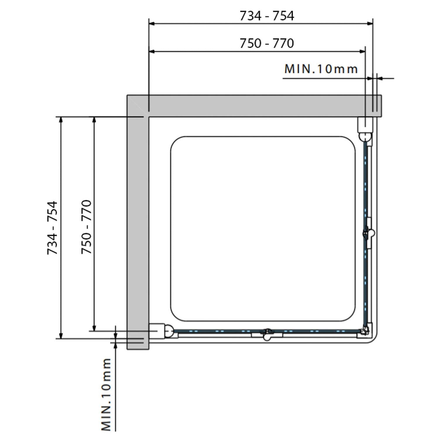 750mm Verve Bi-folding Screen Clear Glass with a matt black finish dimensional drawing