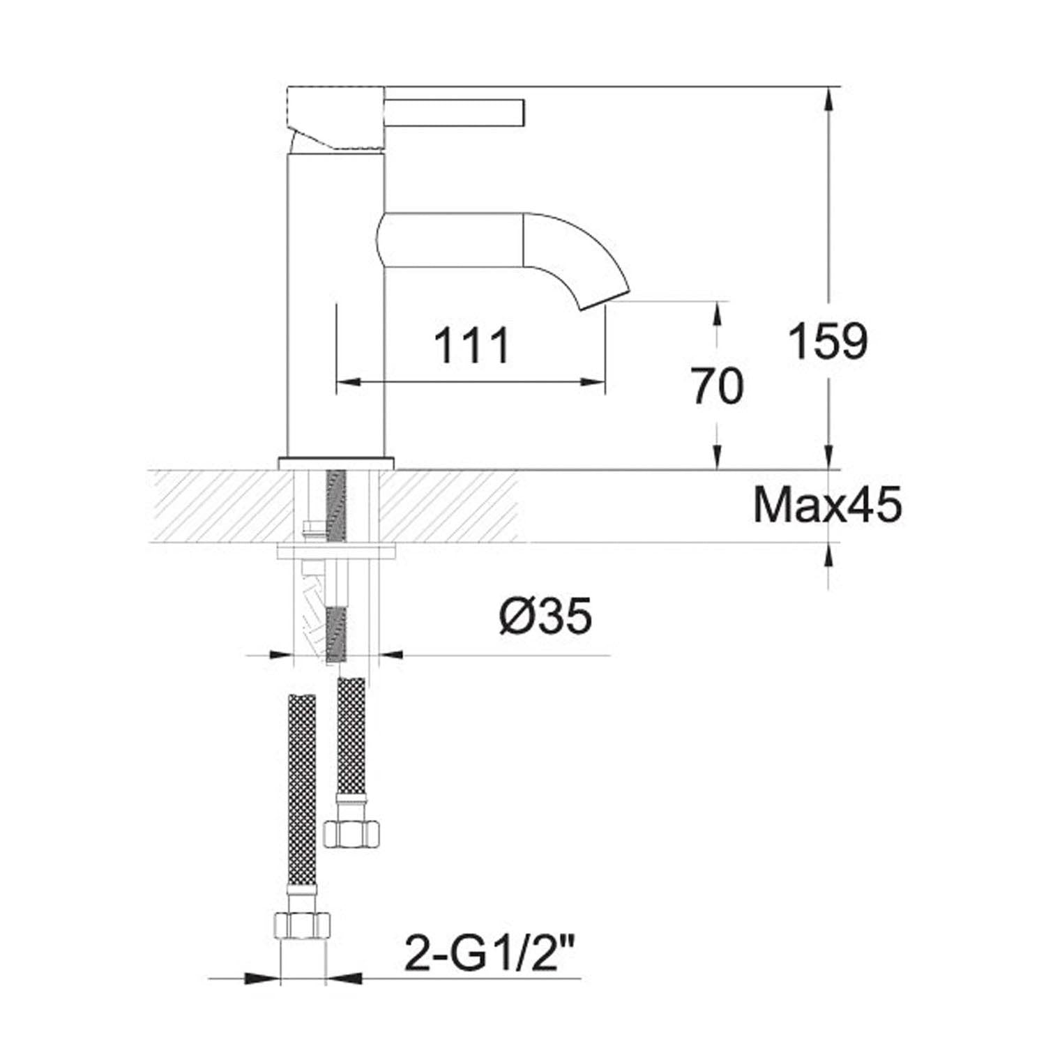 One hole deck mounted Libero Lever Basin Tap with a matt black finish dimensional drawing