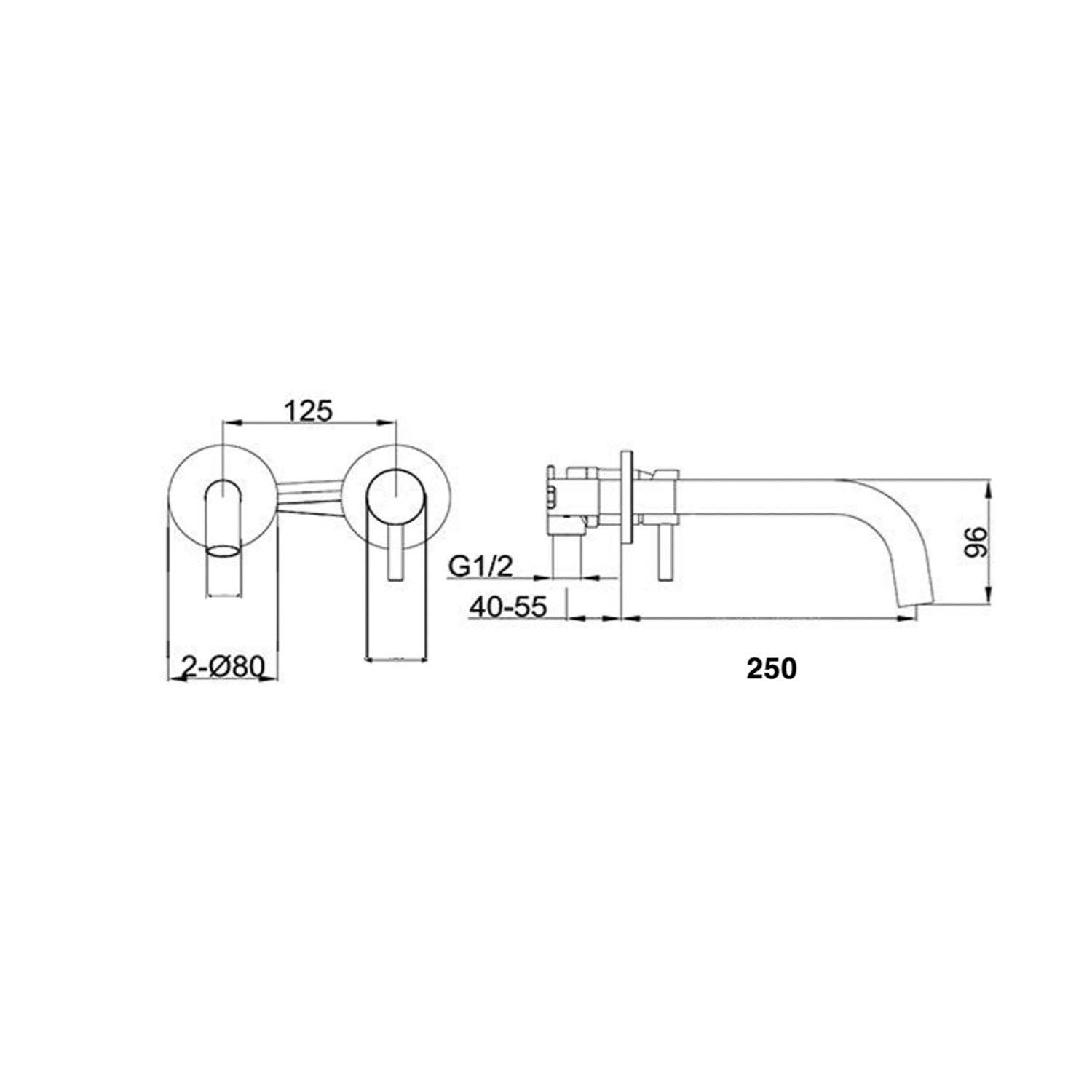 Two hole wall mounted Libero Basin Tap with a matt black finish dimensional drawing