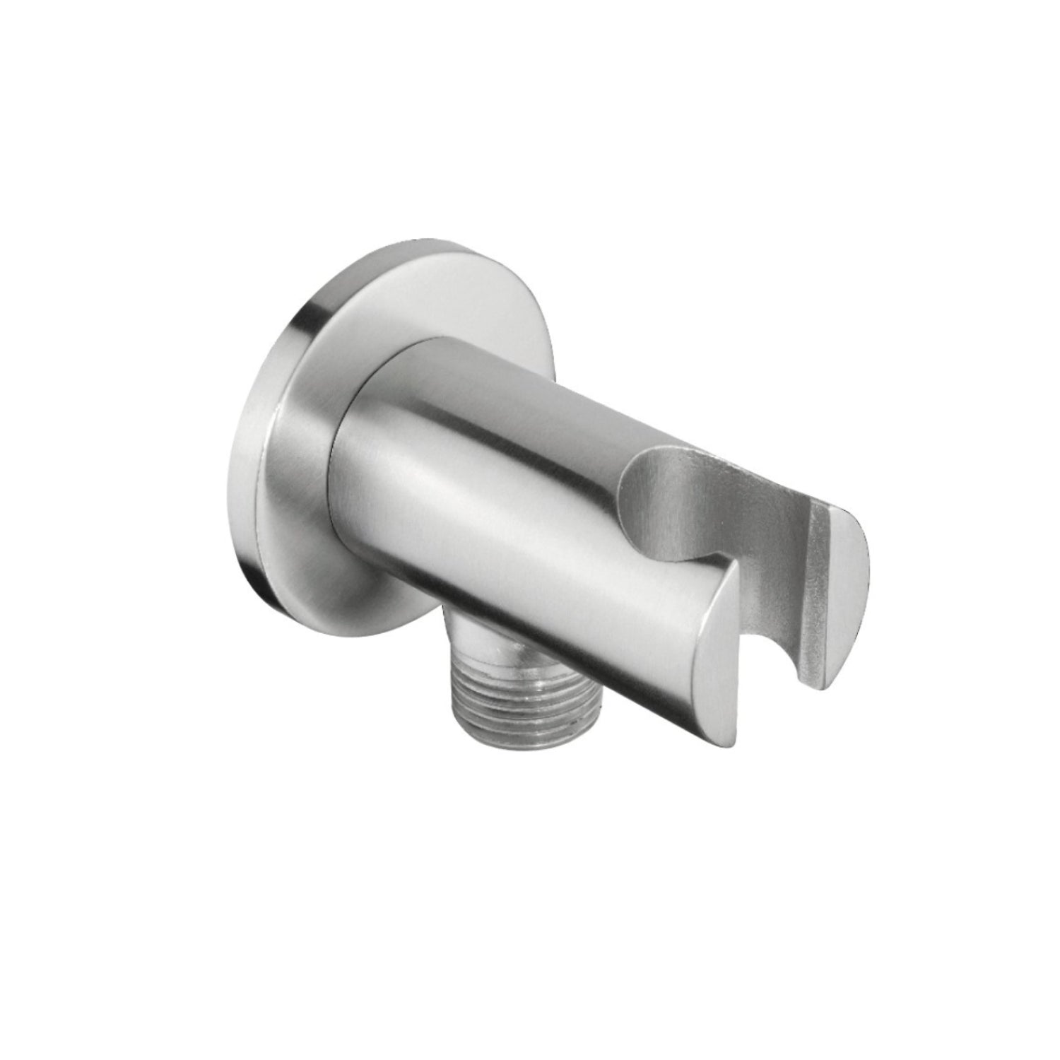 Libero Shower Outlet Elbow with an integrated shower handset holder with a satin steel finish on a white background