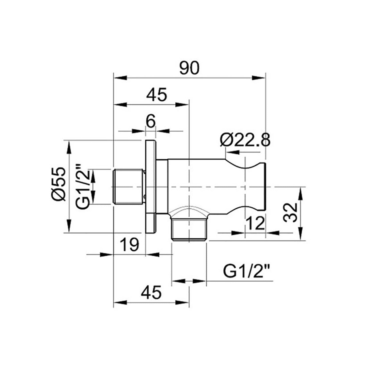 Libero Shower Outlet Elbow with an integrated shower handset holder with a satin steel finish dimensional drawing