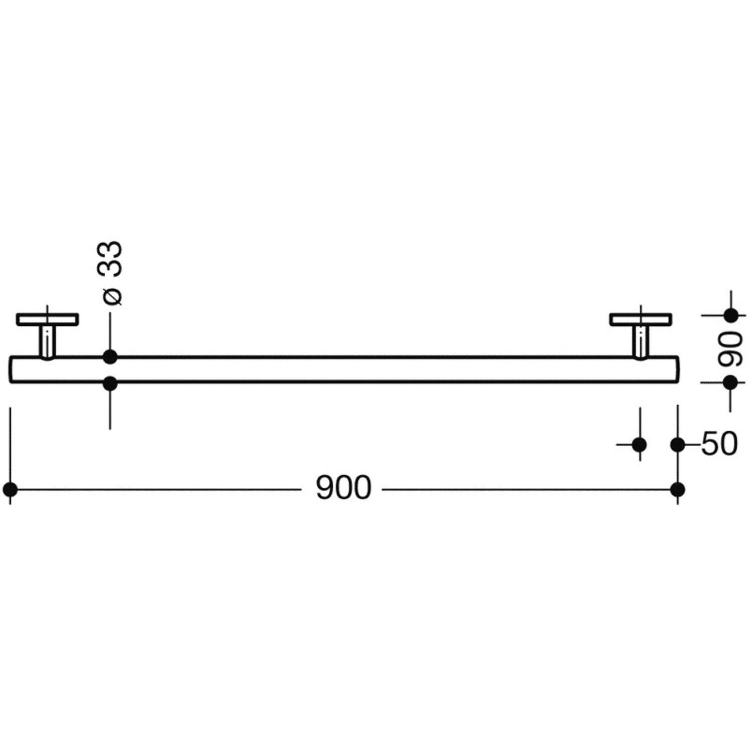 900mm Warm Touch Circula Straight Grab Rail with a chrome look finish dimensional drawing