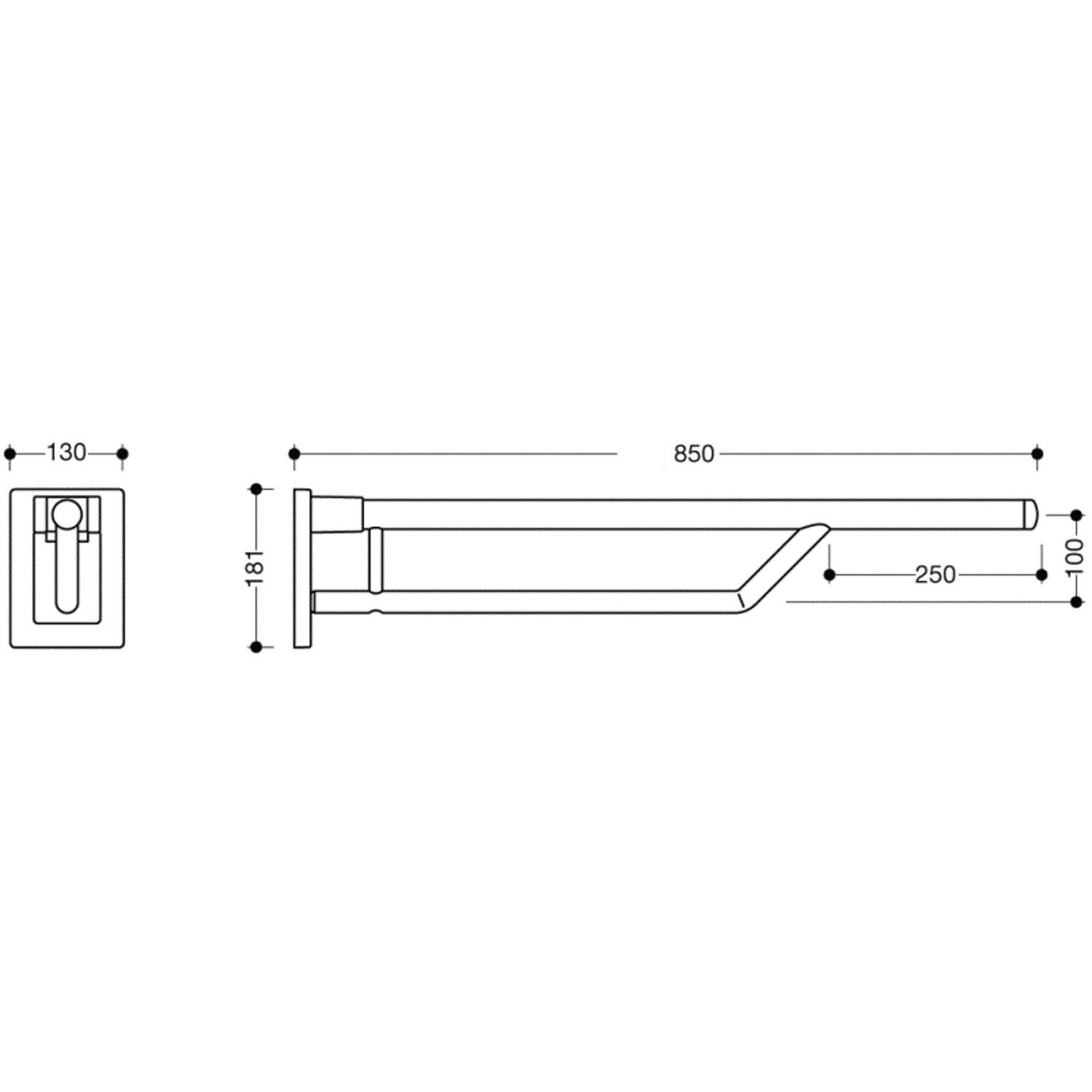 850mm Circula Removable Hinged Grab Rail with a chrome-look finish dimensional drawing