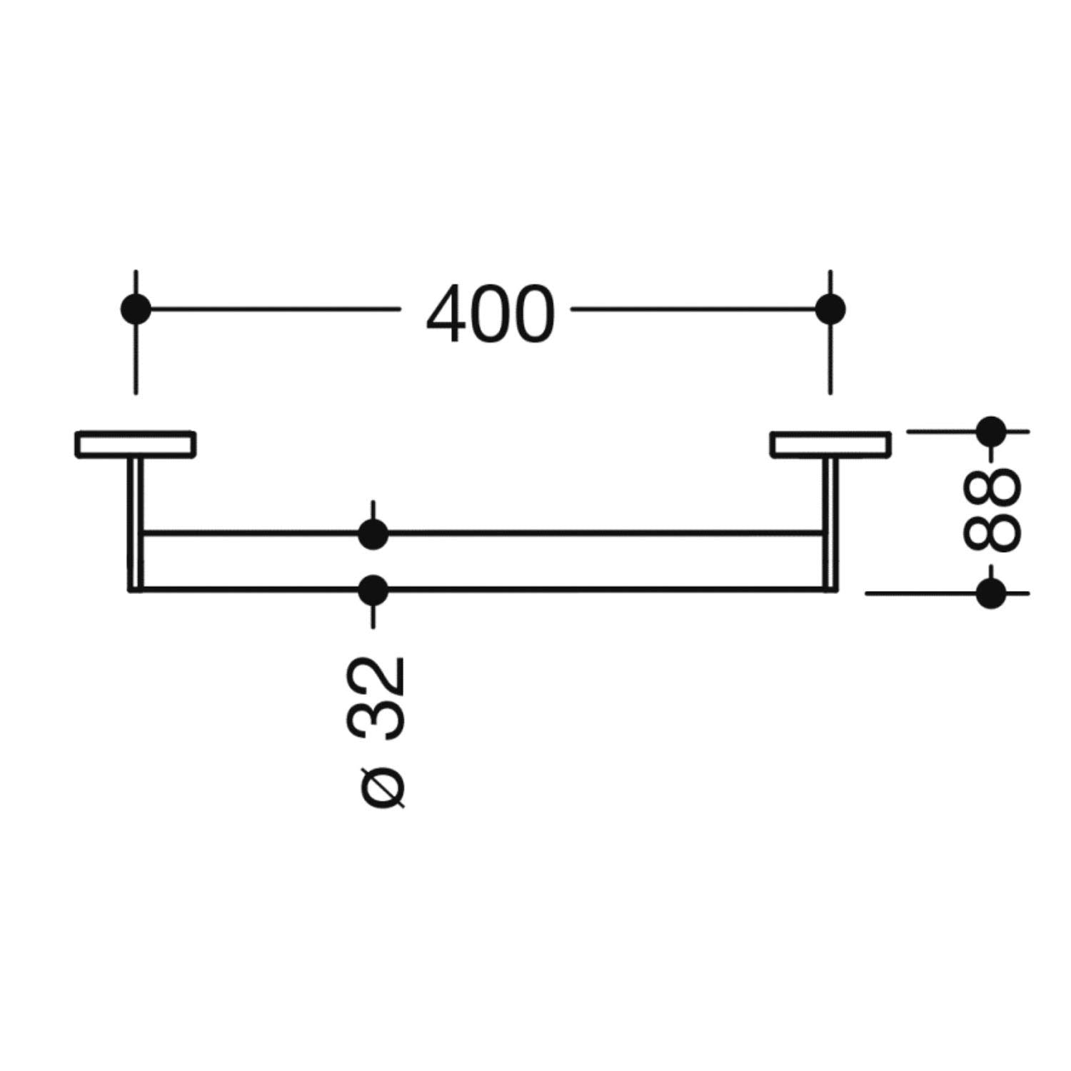 400mm Freestyle Straight Grab Rail with a satin steel finish dimensional drawing