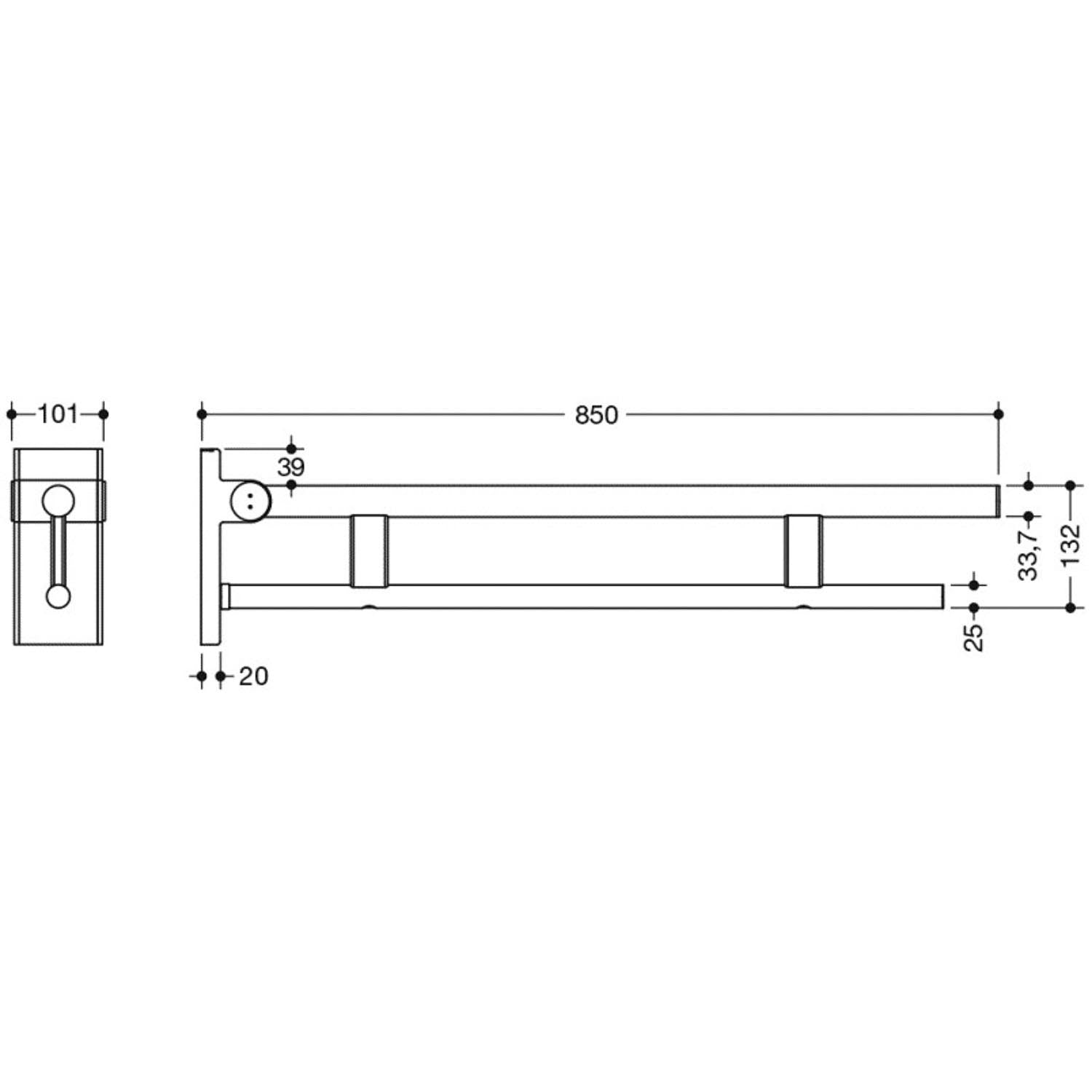 850mm Freestyle Removable Hinged Grab Rail Set with a satin steel finish dimensional drawing