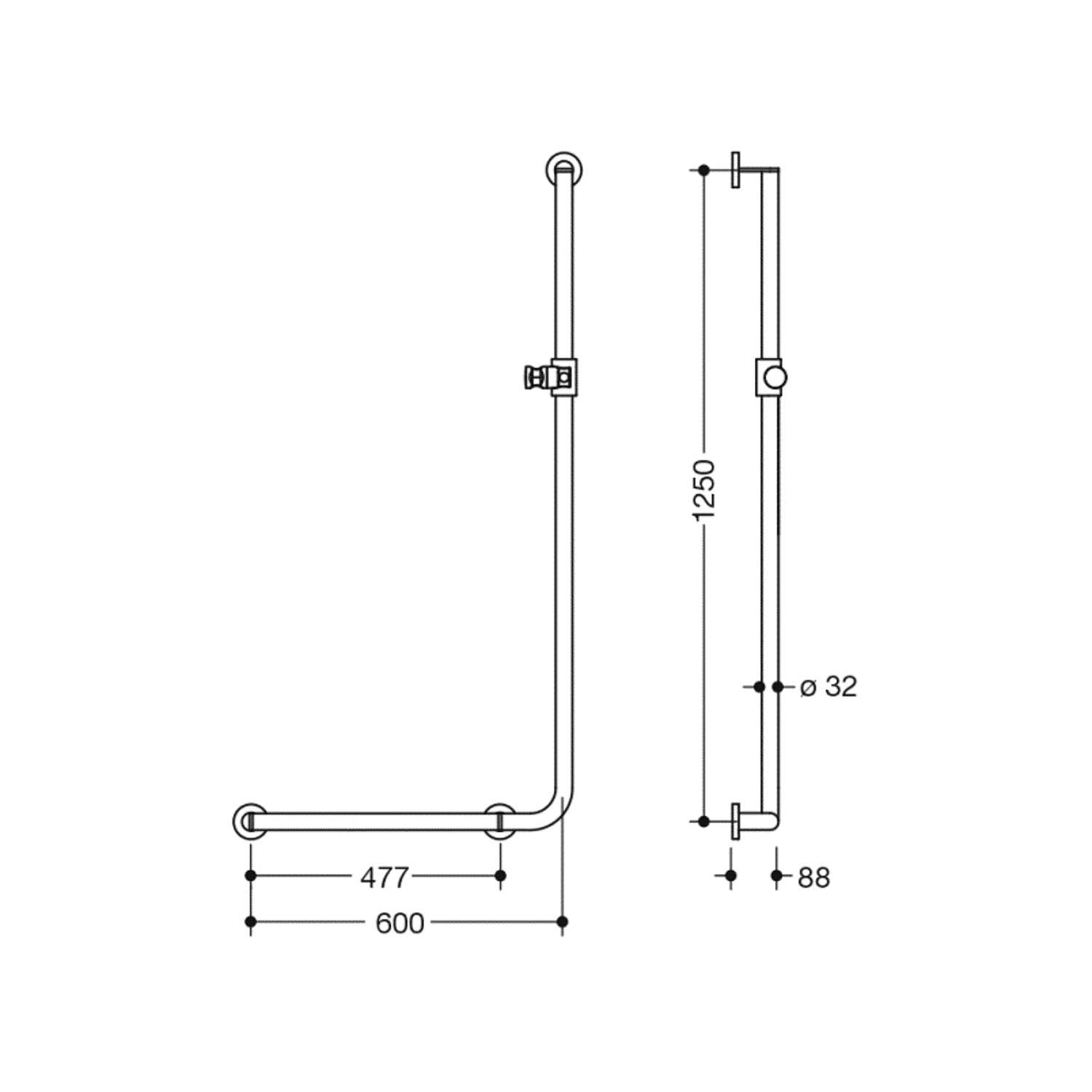 1250x600mm Left Handed Freestyle Supportive L Shaped Shower Rail with a satin steel finish dimensional drawing