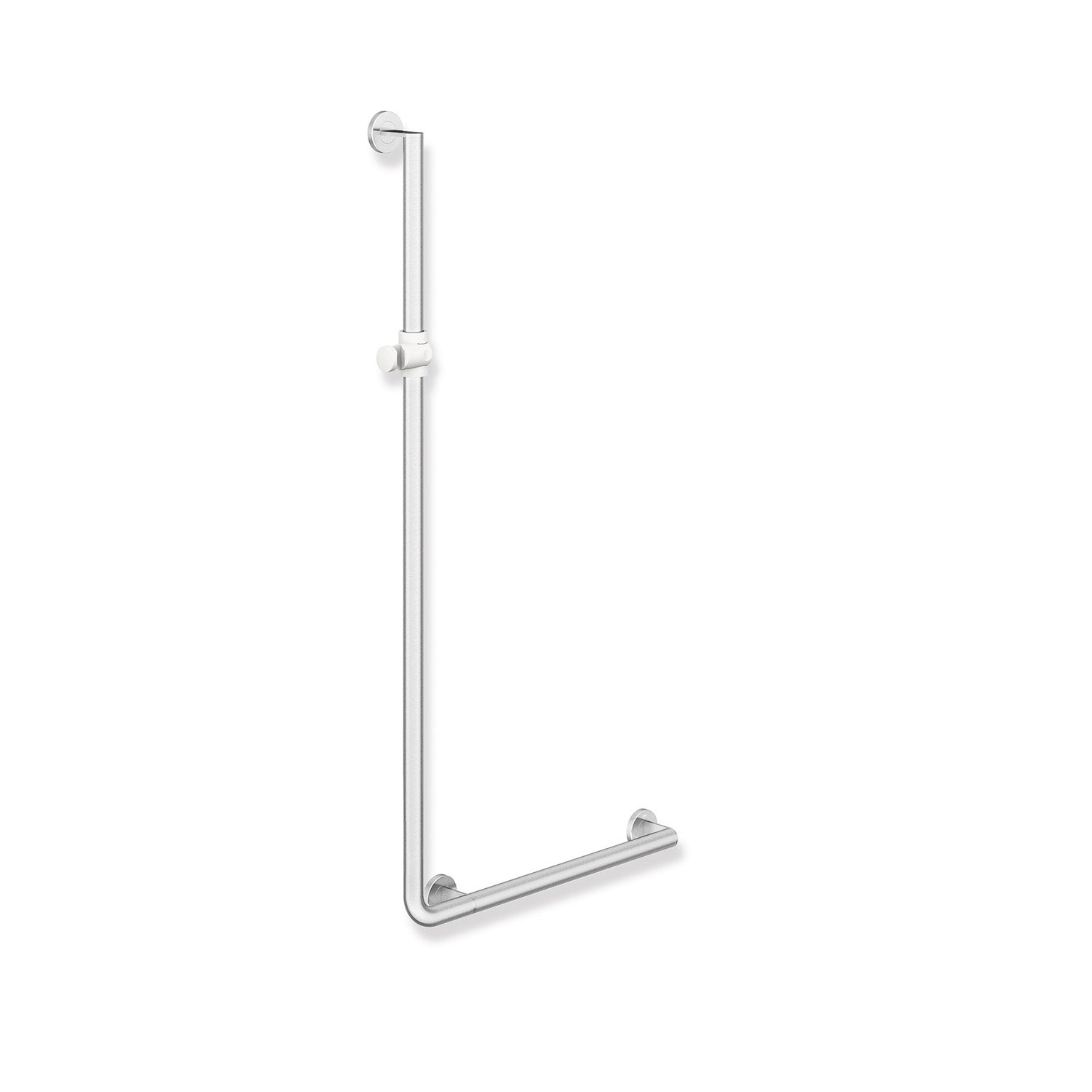 1250x600mm Right Handed Freestyle Supportive L Shaped Shower Rail with a satin steel finish on a white background