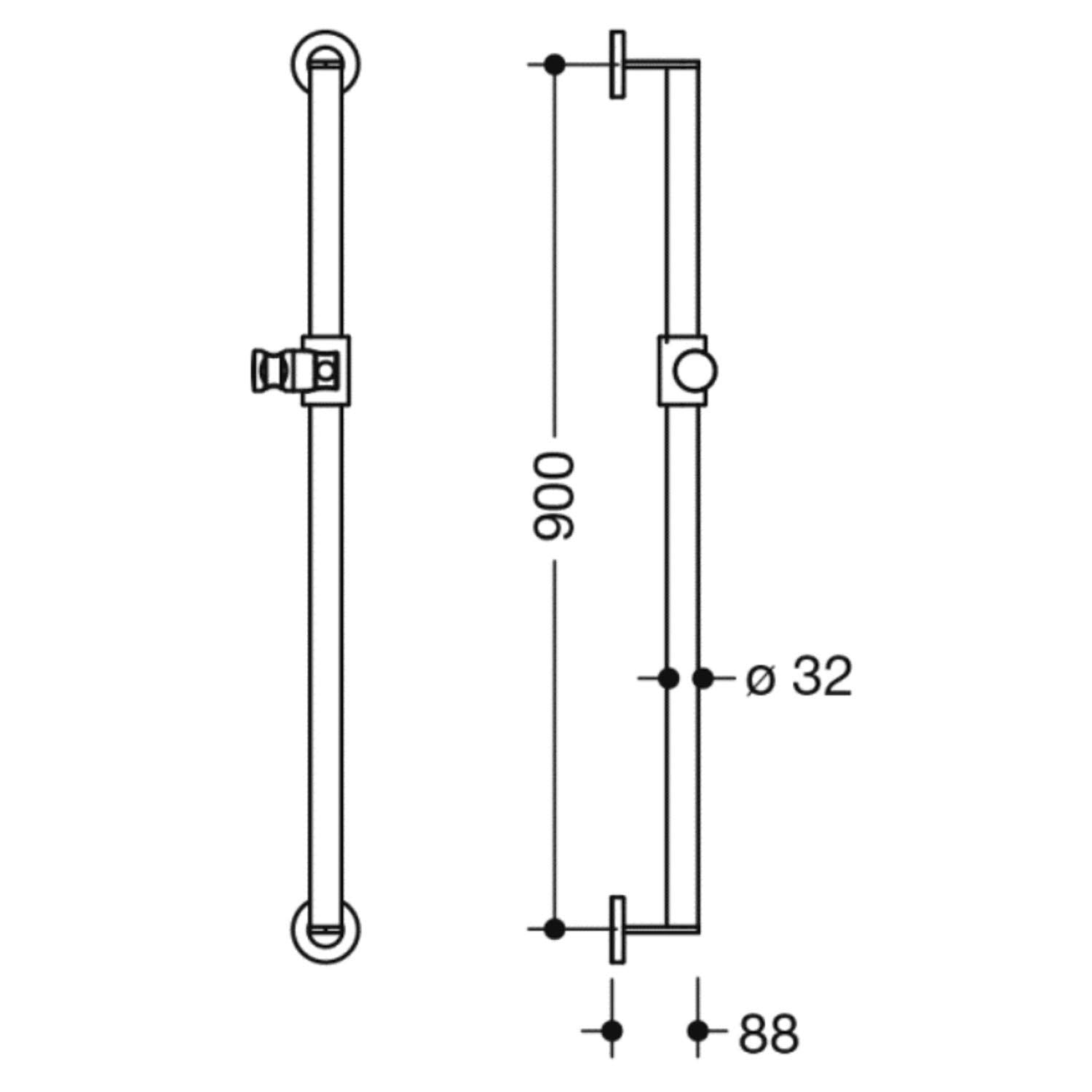 900mm Freestyle Supportive Shower Rail with a matt black finish dimensional drawing