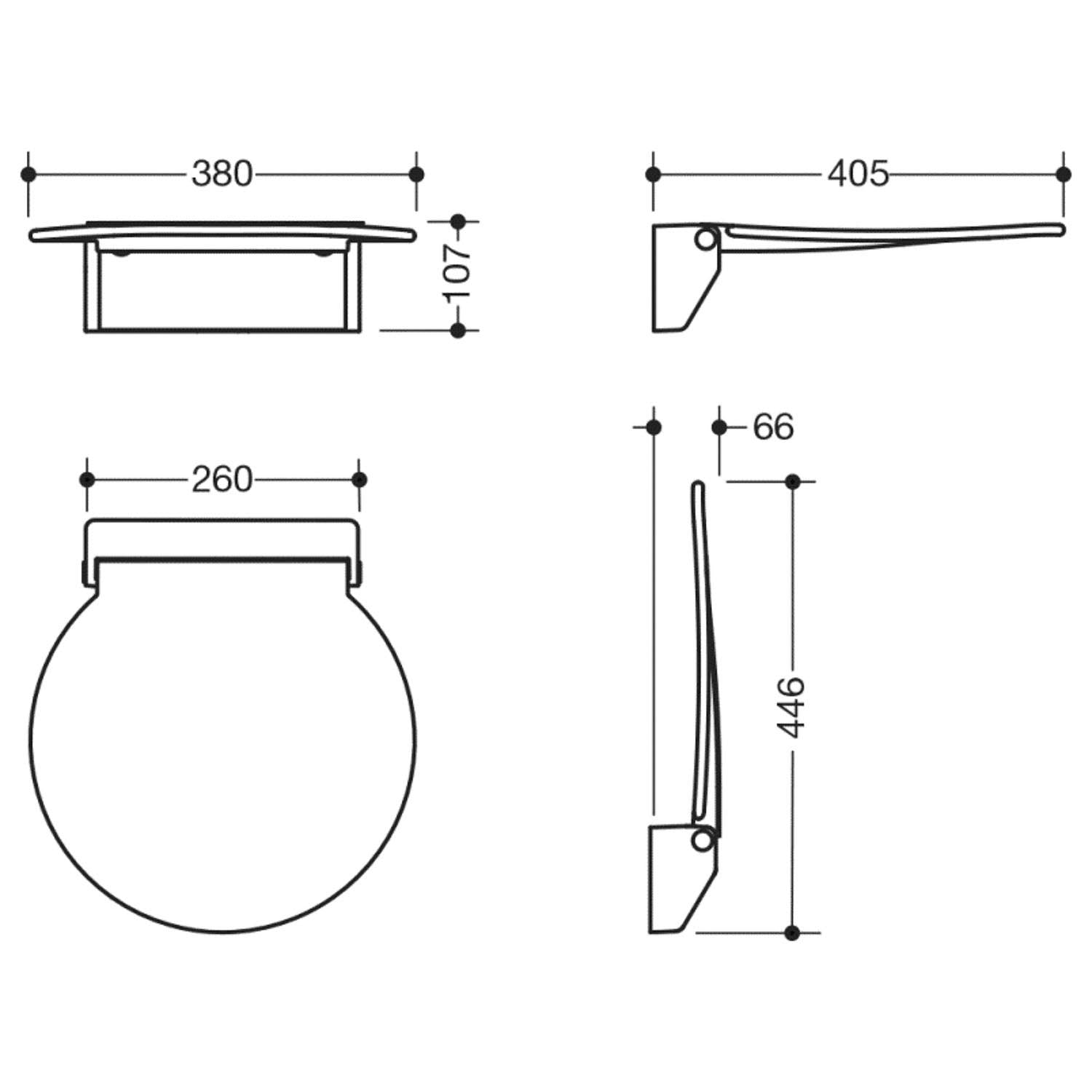 Circula Shower Seat with an anthracite grey seat and chrome bracket dimensional drawing