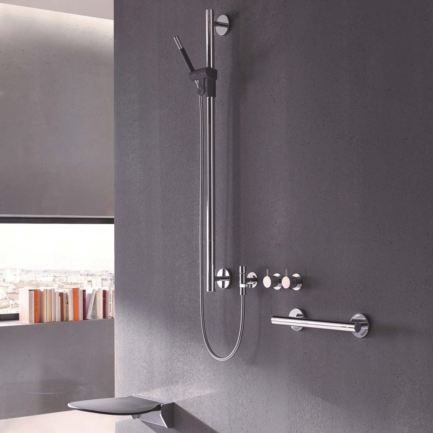 Circula Shower Seat with an anthracite grey seat and chrome bracket lifestyle image