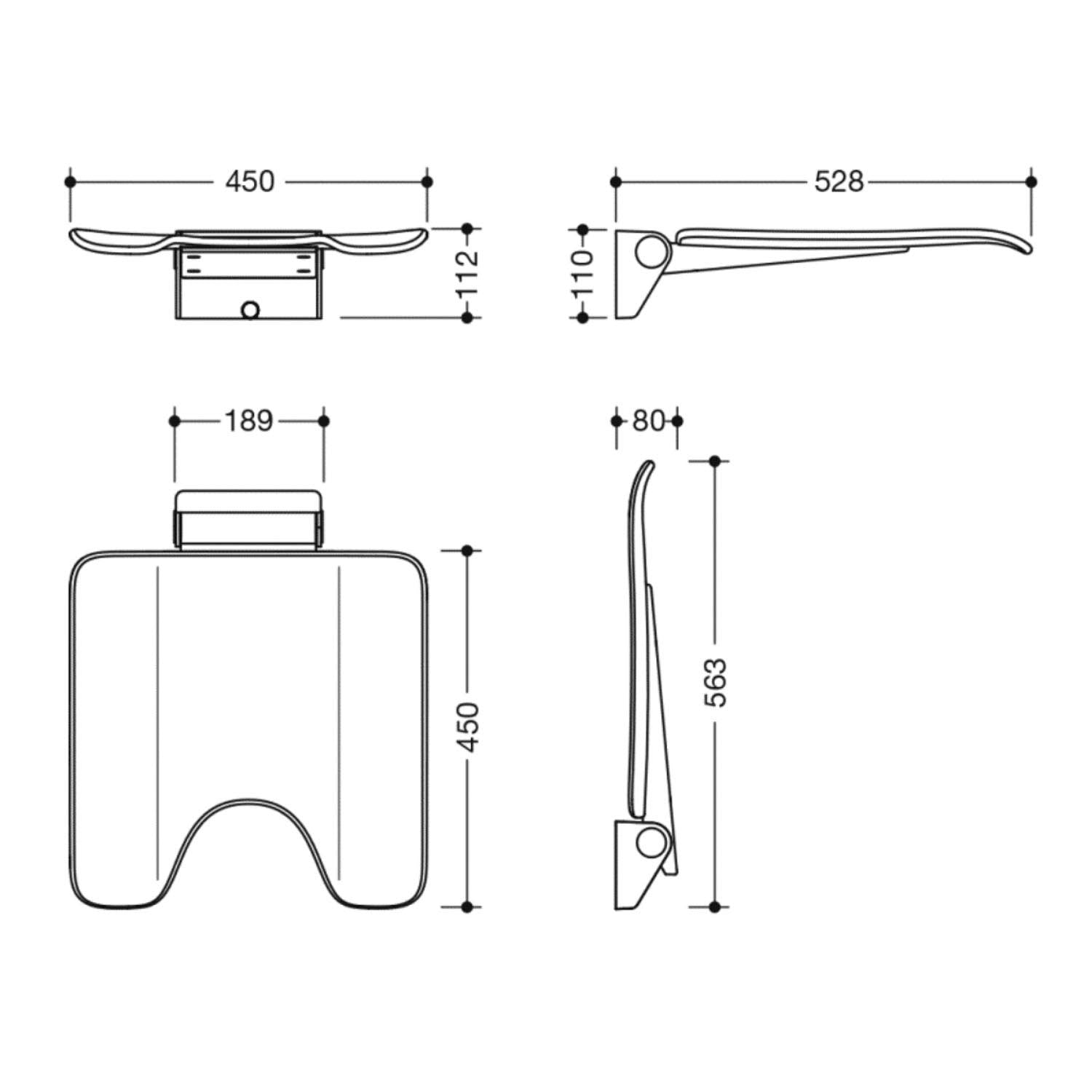 Freestyle Removable Shower Seat with a cut-out in an anthracite grey seat and satin steel bracket dimensional drawing