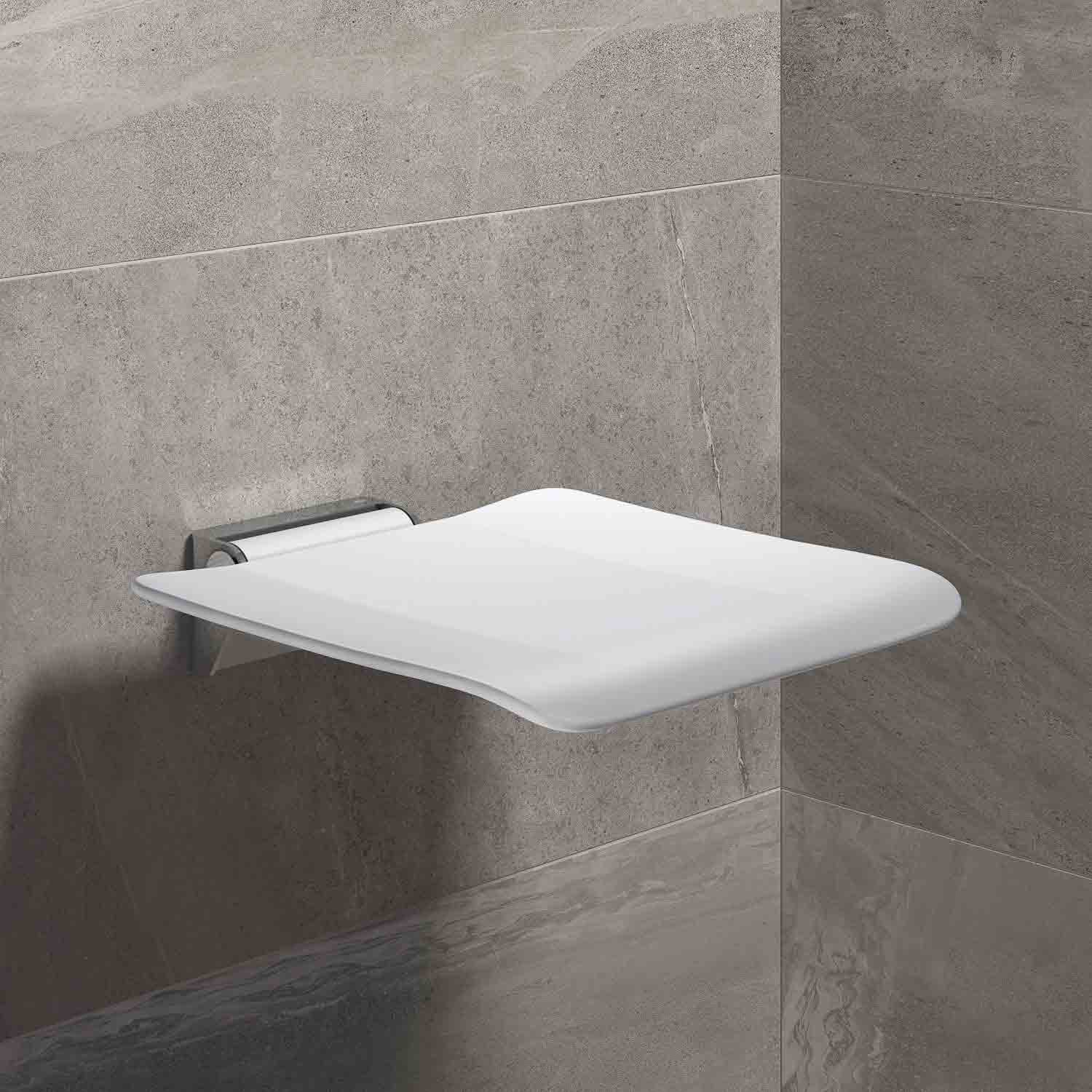 Freestyle Fixed Shower Seat with a white seat and chrome finish bracket lifestyle image