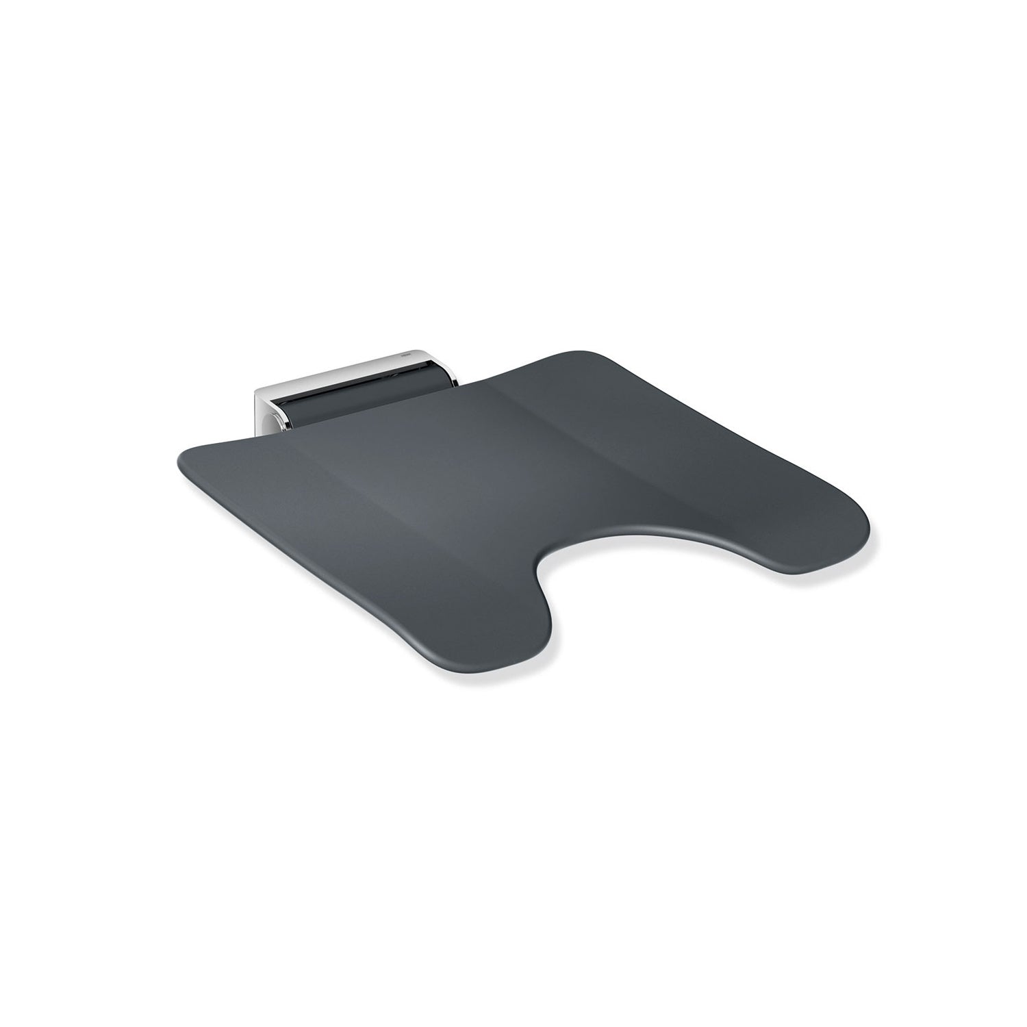 Freestyle Removable Shower Seat with a cut-out in an anthracite grey seat and chrome bracket on a white background