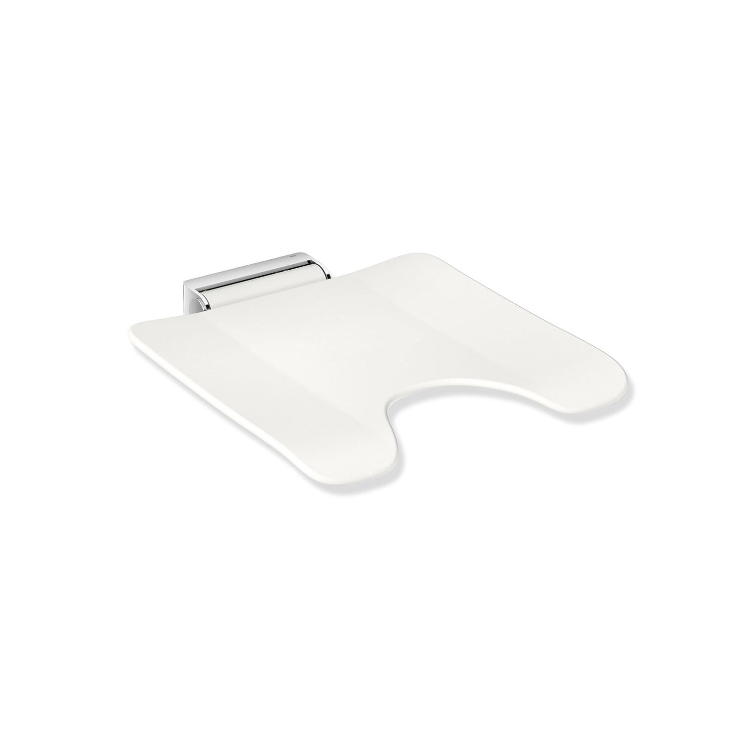 Freestyle Fixed Shower Seat with a cut-out in a white seat and chrome finish bracket on a white background