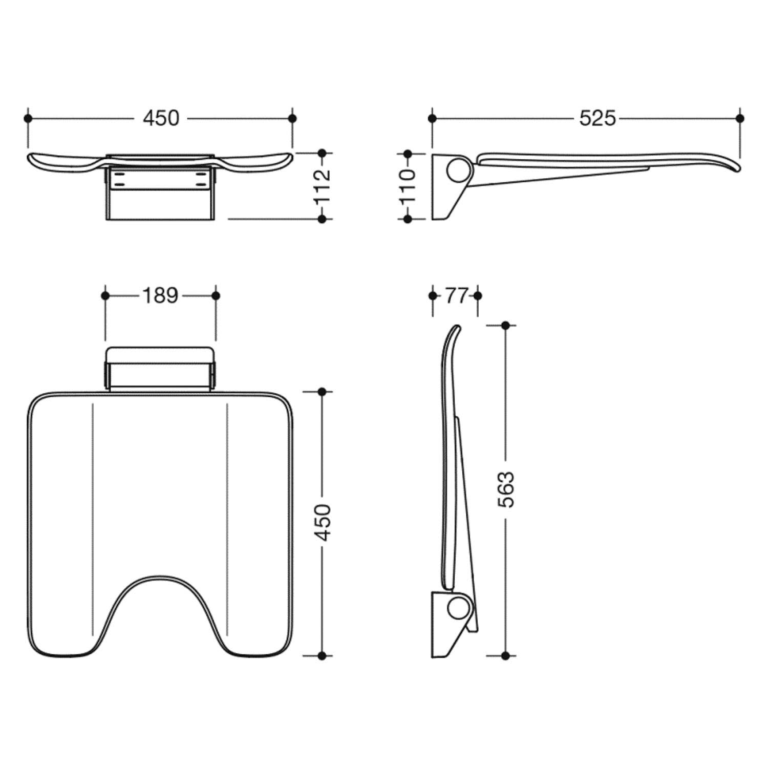 Freestyle Fixed Shower Seat with a cut-out in a white seat and chrome finish bracket dimensional drawing