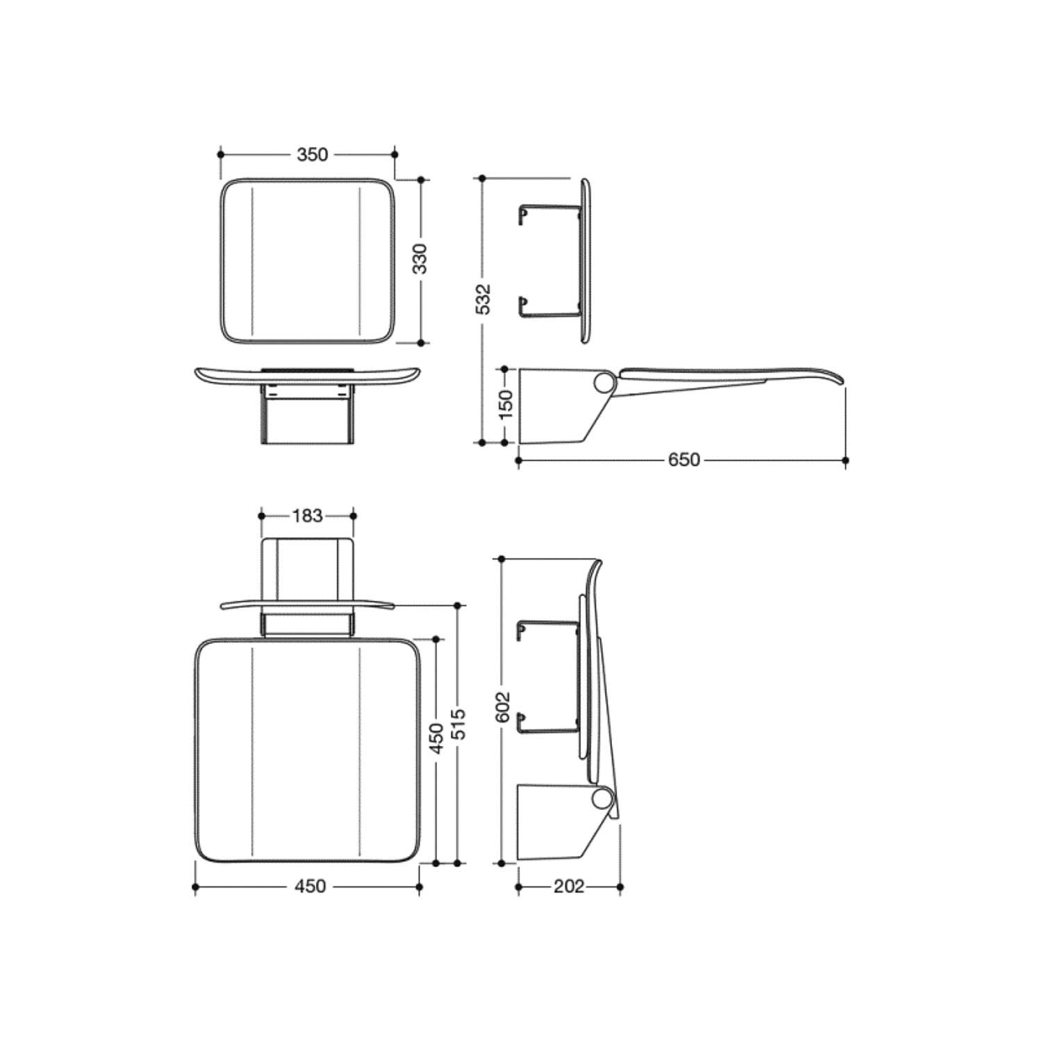 Freestyle Fixed Shower Seat with a Backrest in an anthracite grey seat and satin steel finish bracket dimensional drawing