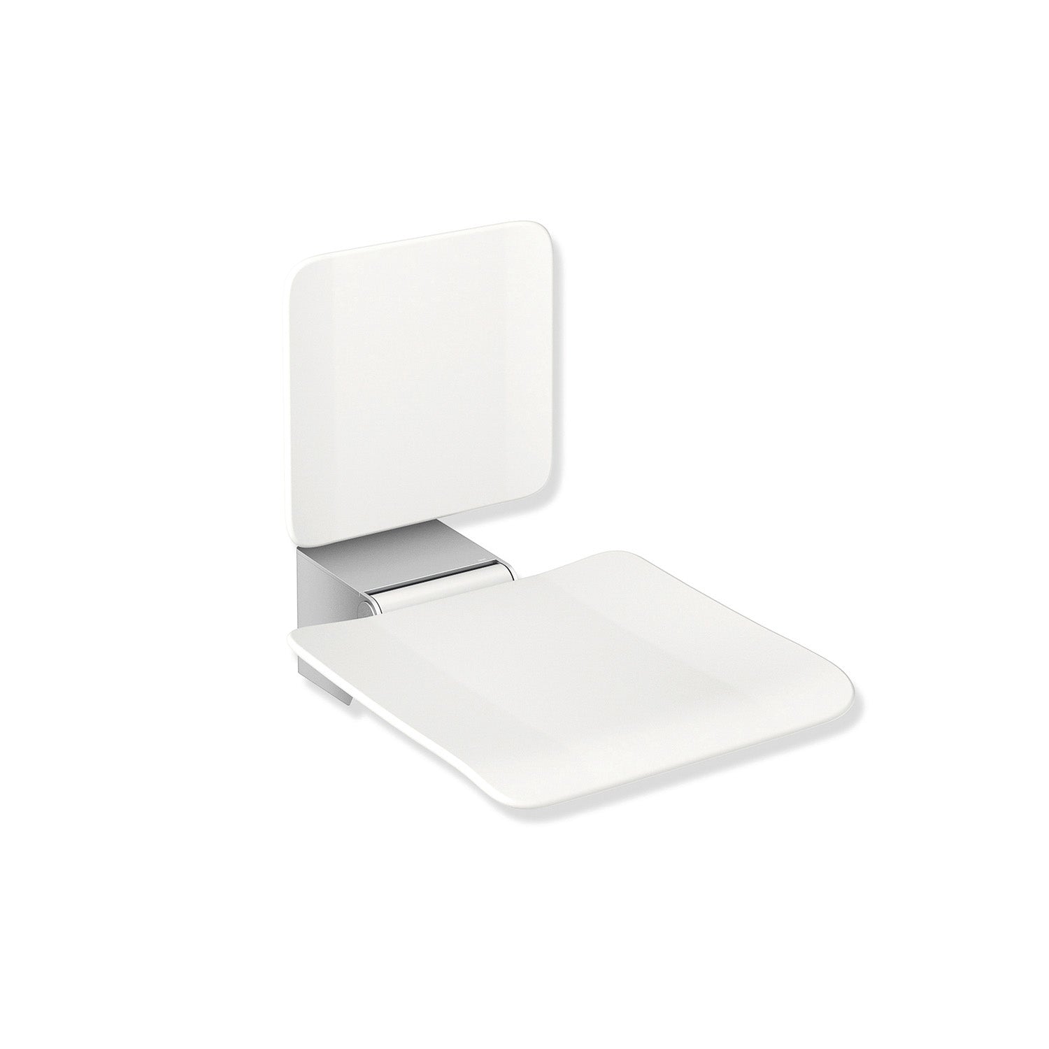 Freestyle Fixed Shower Seat with a Backrest in a white seat and satin steel finish bracket on a white background