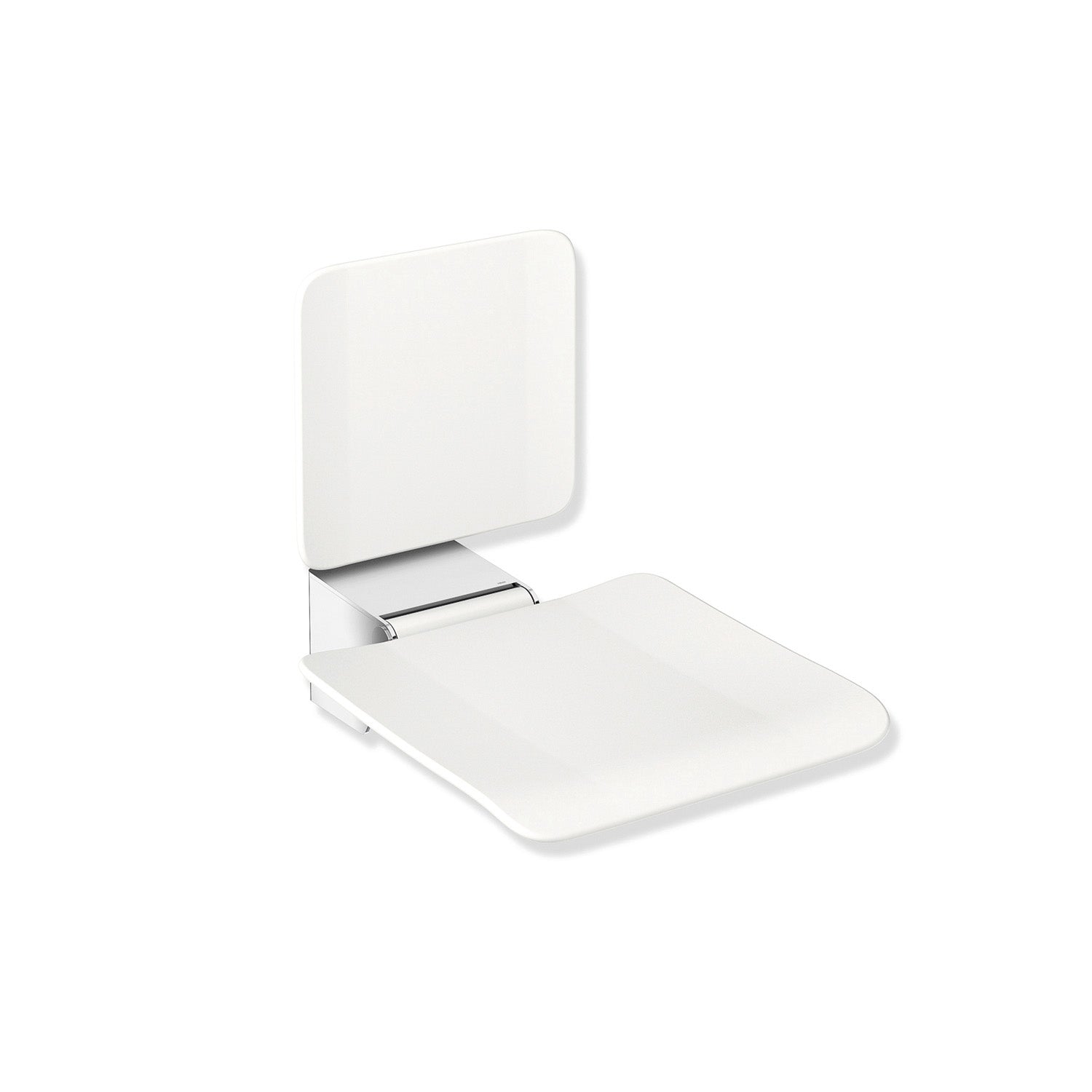 Freestyle Fixed Shower Seat with a Backrest in a white seat and chrome finish bracket on a white background